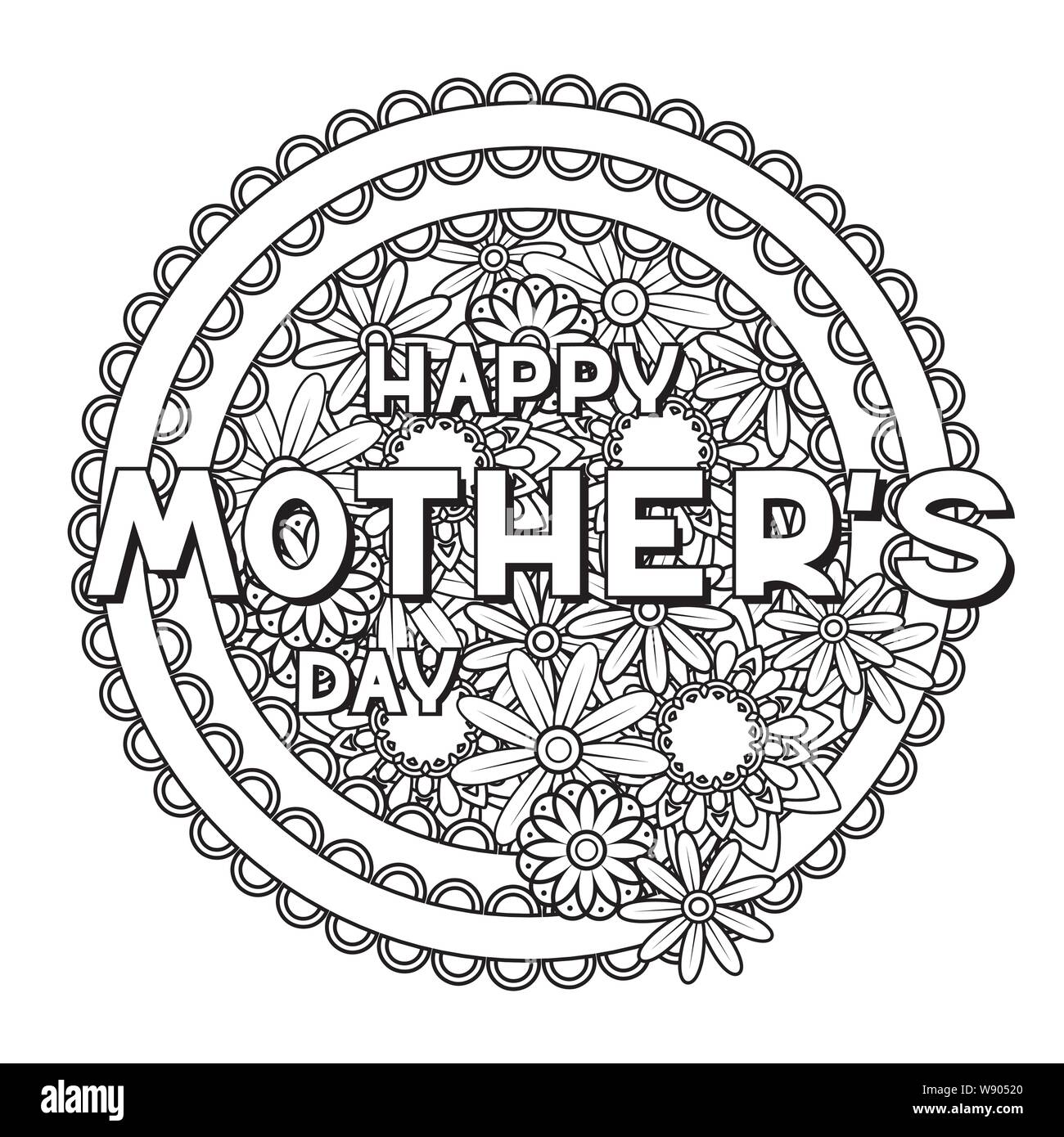 Happy Mother's Day Färbung Seite für Erwachsene Malbuch. Schwarze und weiße Vector Illustration. Auf weissem Hintergrund Stock Vektor