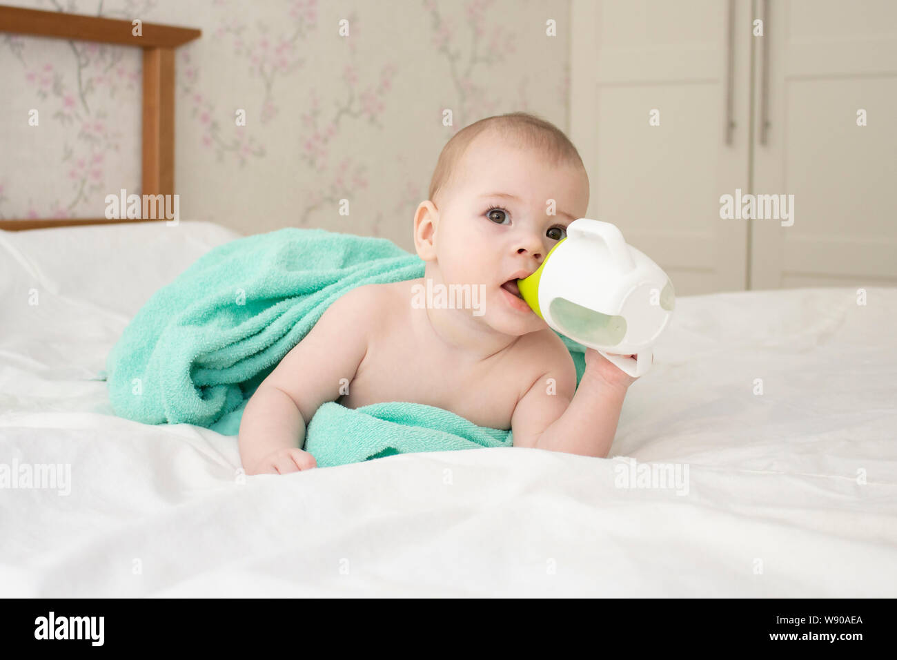 Baby Kaukasier Mädchen Jungen 5 Monate in ein Handtuch gewickelt, Trinkwasser aus einer Schale, Soft Focus Stockfoto