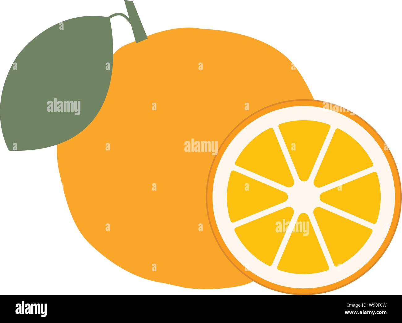 Orange mit Blättern und Scheiben von Orangen. Vector lieferbar Abbildung von Orangen. Vector Illustration Stock Vektor