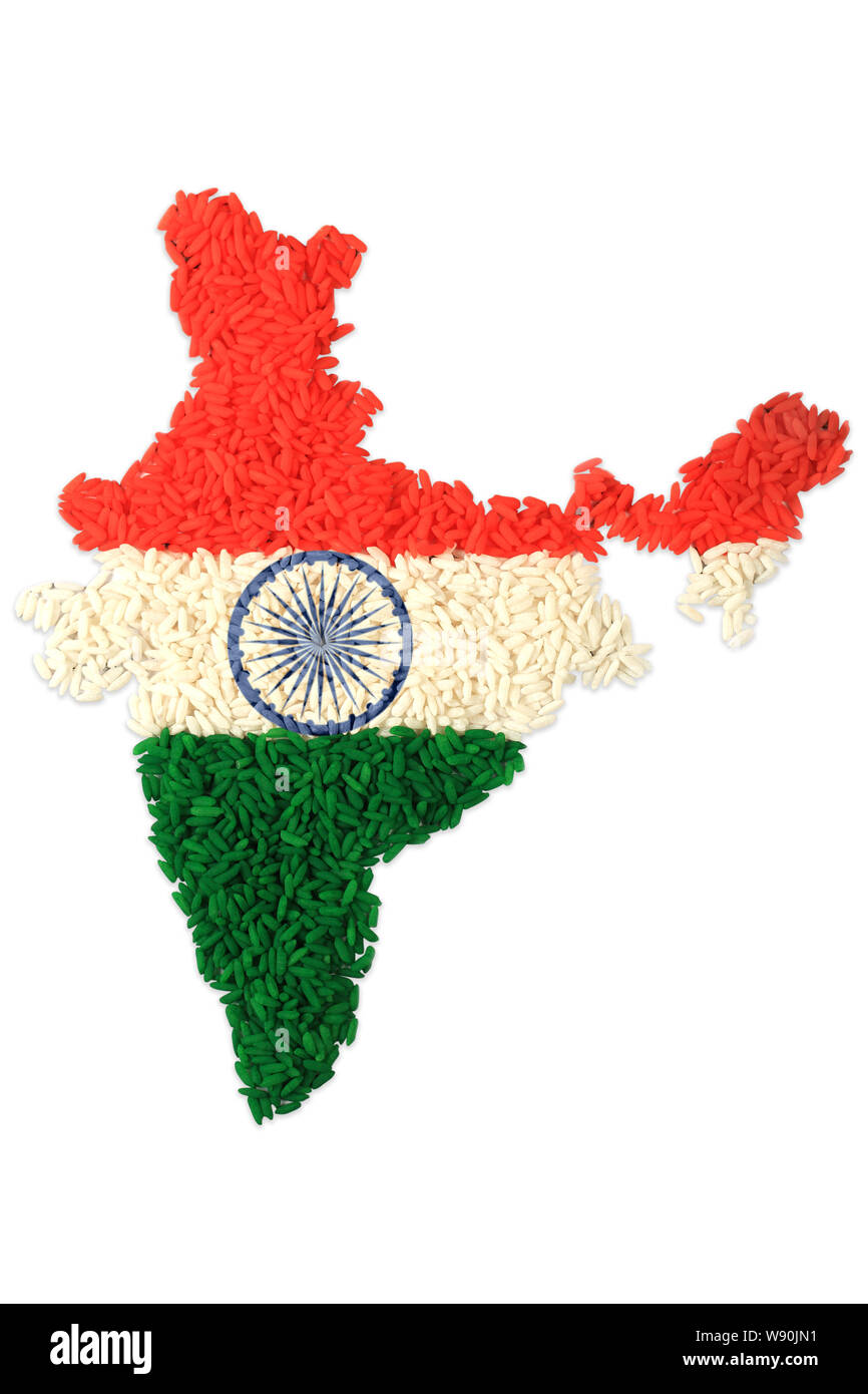 Indische Karte gemacht, der Reis und die indische Flagge Stockfoto