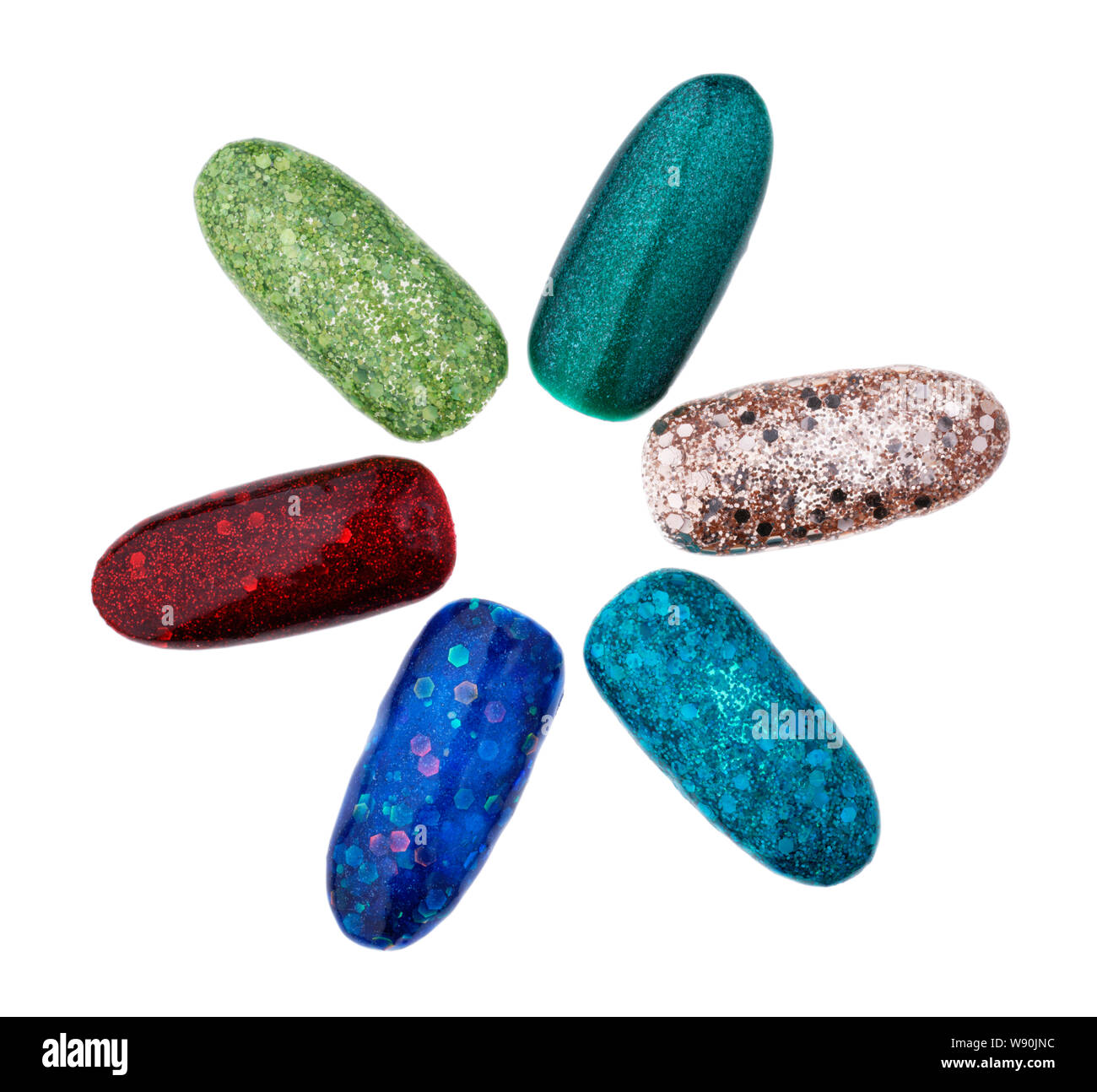 Eine Anordnung von 6 verschiedenen sparkly, falsche Fingernägel. Stockfoto