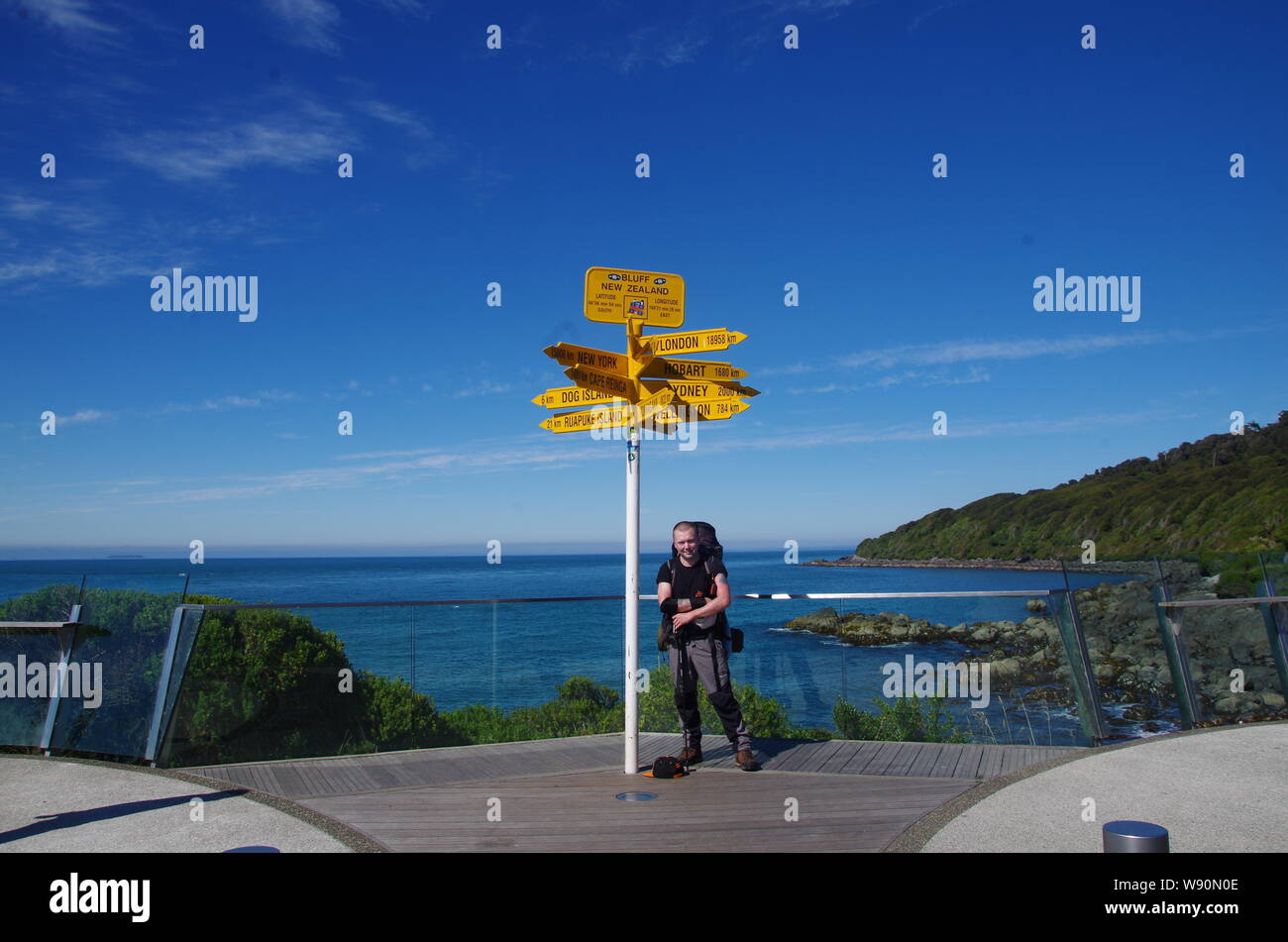 Stirling Punkt Wegweiser. Te Araroa Trail. Bluff. Southland. South Island. Neuseeland Stockfoto