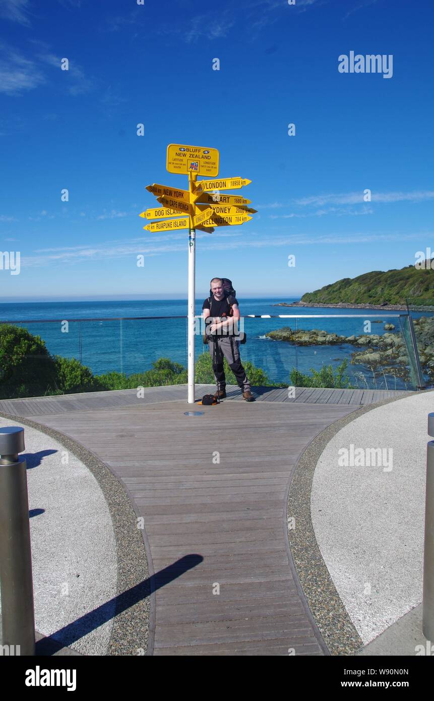 Stirling Punkt Wegweiser. Te Araroa Trail. Bluff. Southland. South Island. Neuseeland Stockfoto