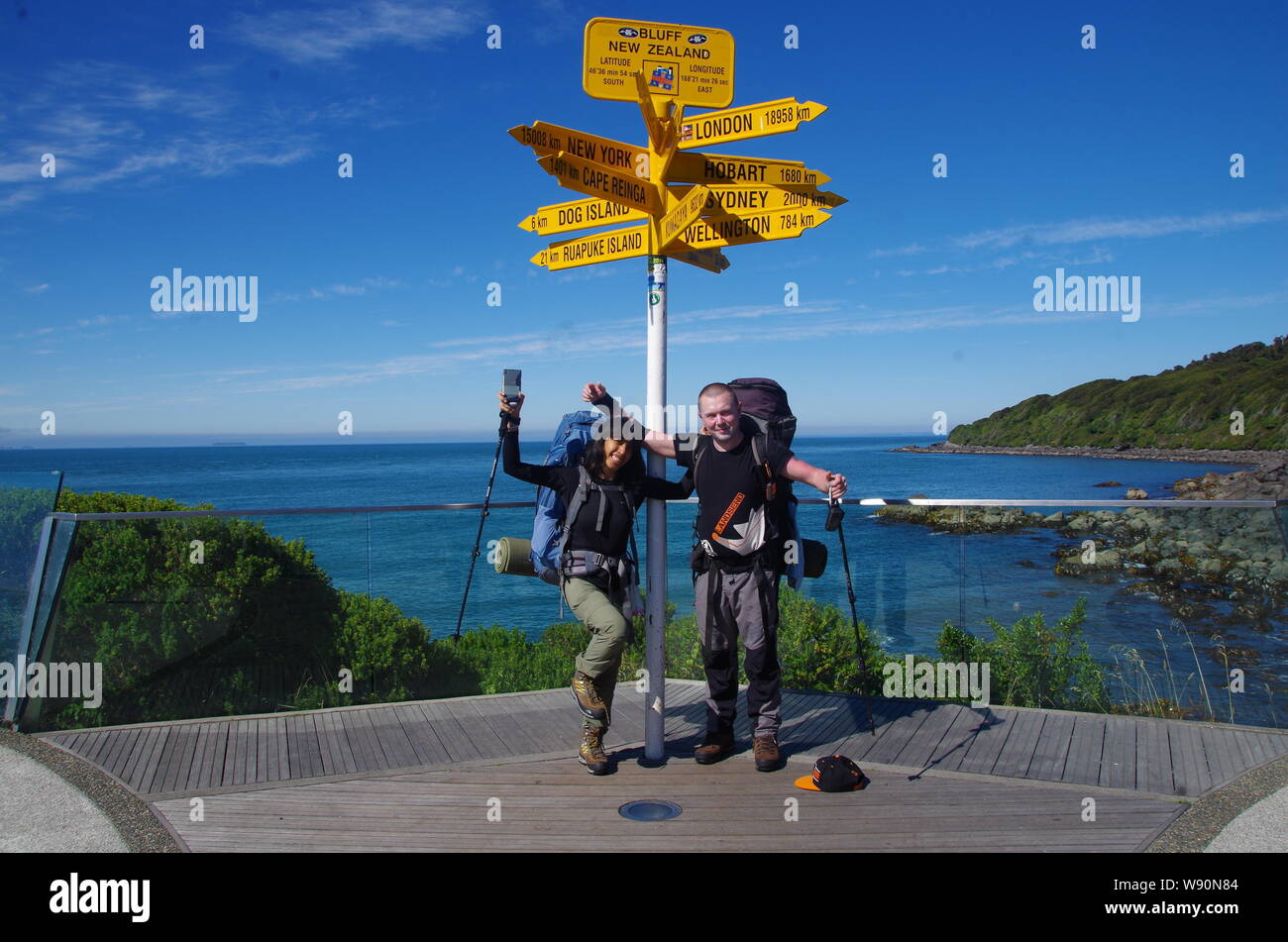 Stirling Punkt Wegweiser. Te Araroa Trail. Bluff. Southland. South Island. Neuseeland Stockfoto