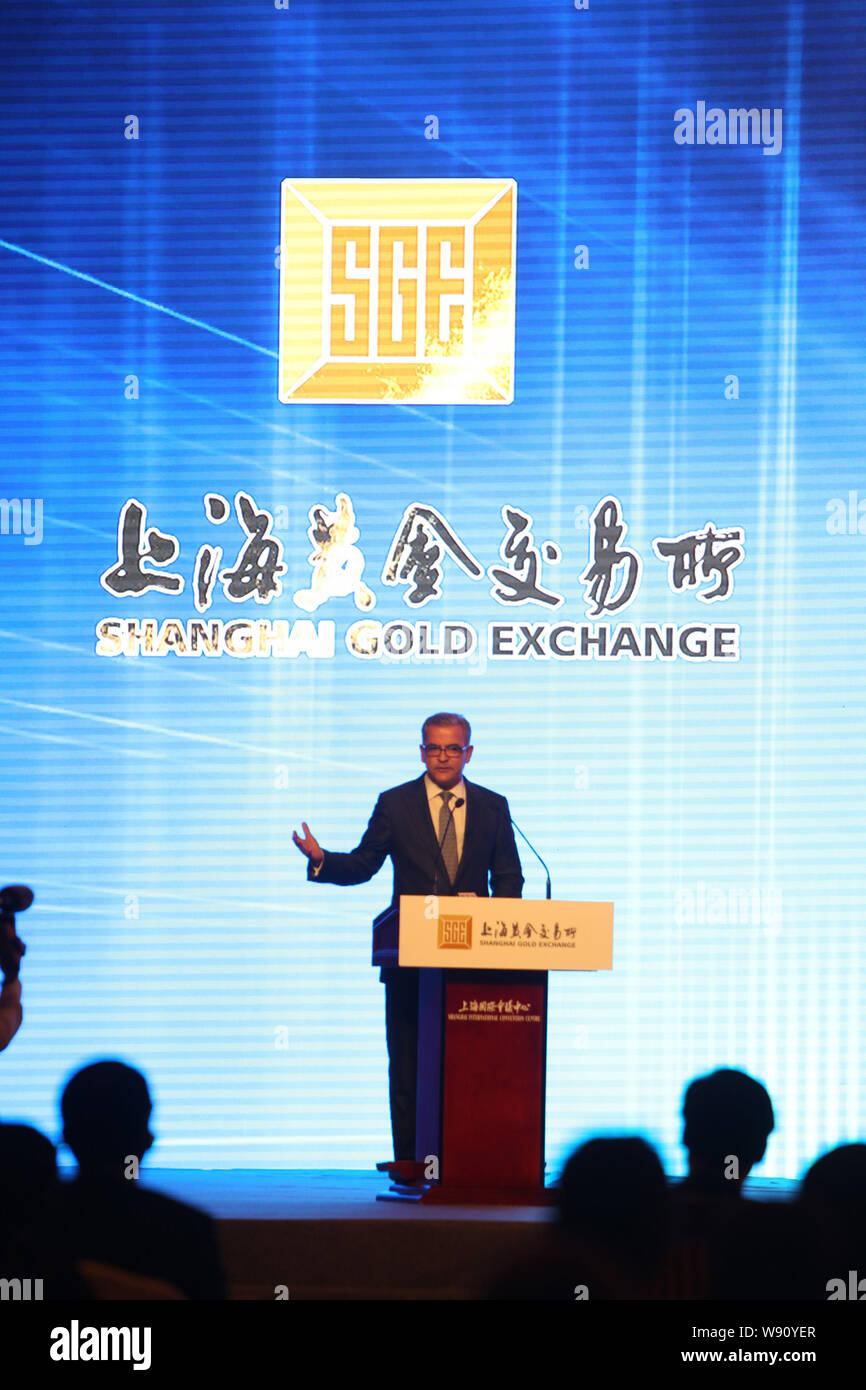 Aram Shishmanian, CEO der World Gold Council, liefert eine Rede an der Produkteinführung Zeremonie für den internationalen Handel auf der Shanghai Gold Exc Stockfoto