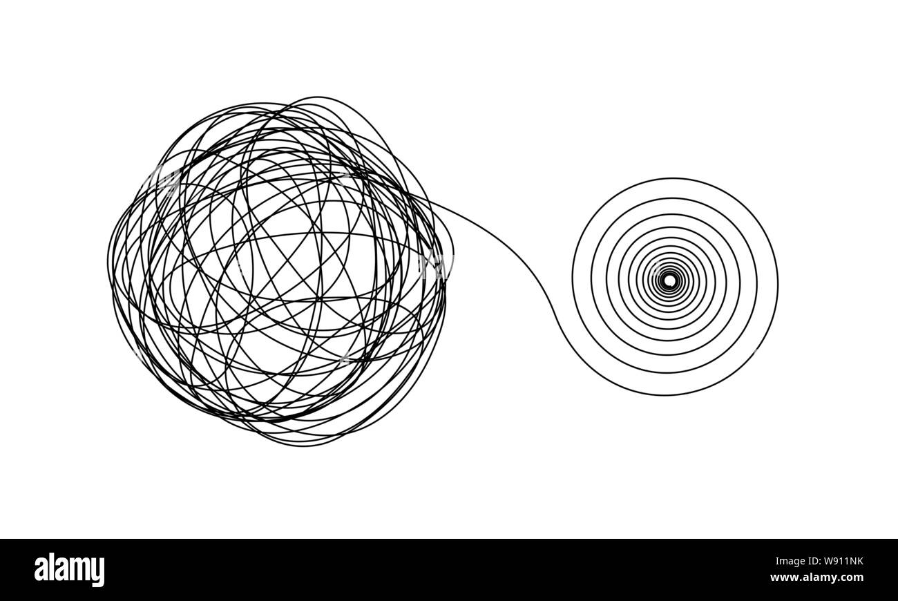 Genaue spiral flow aus der chaotischen Ravel der dünne schwarze Linien isoliert auf weißem Stock Vektor