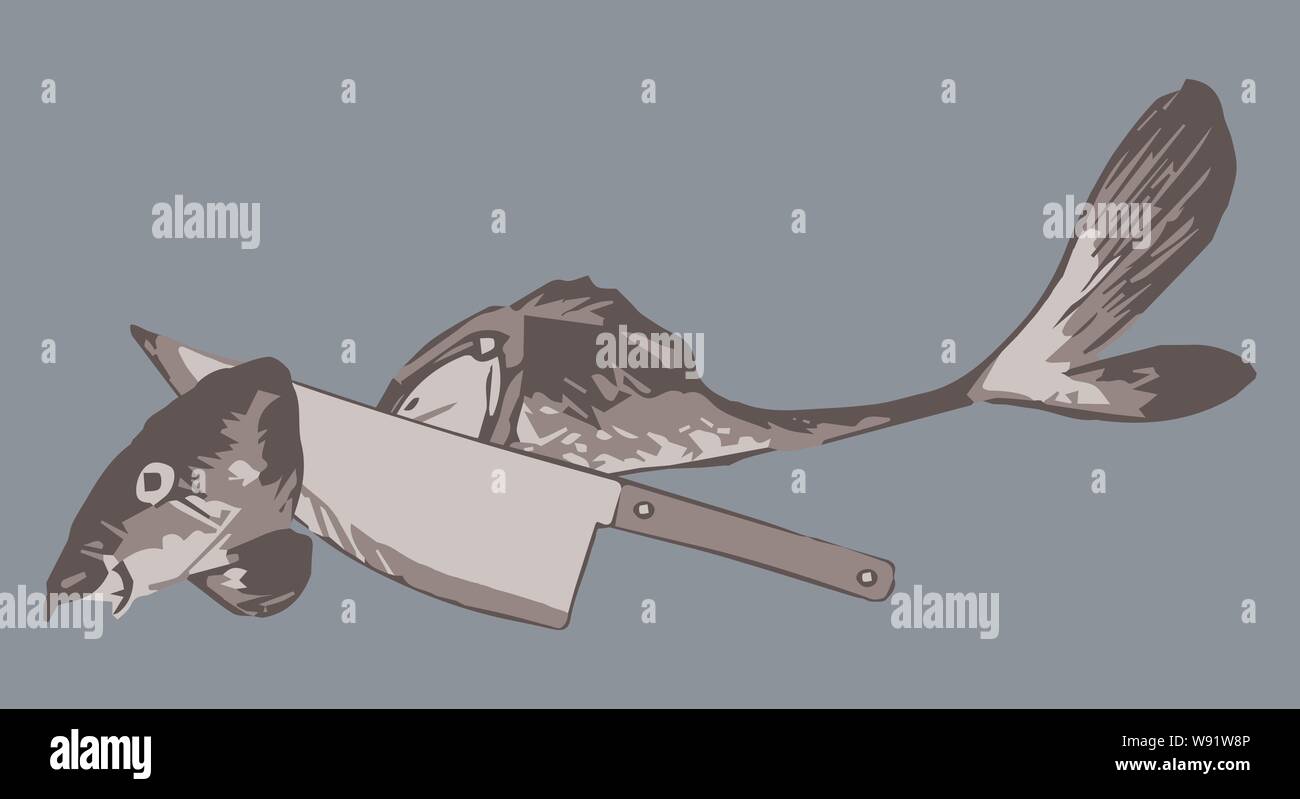Vector Illustration von Messer in Scheiben geschnitten und Fisch auf blauem Hintergrund Stock Vektor