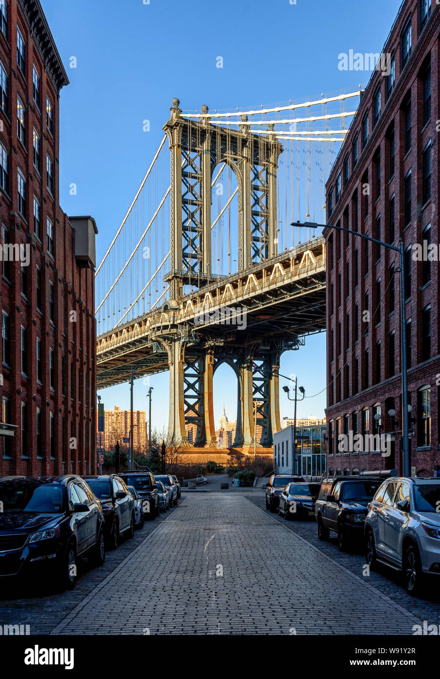 Manhattan Bridge View von 'DUMBO', ein Stadtteil im Stadtbezirk Brooklyn in New York City. Stockfoto