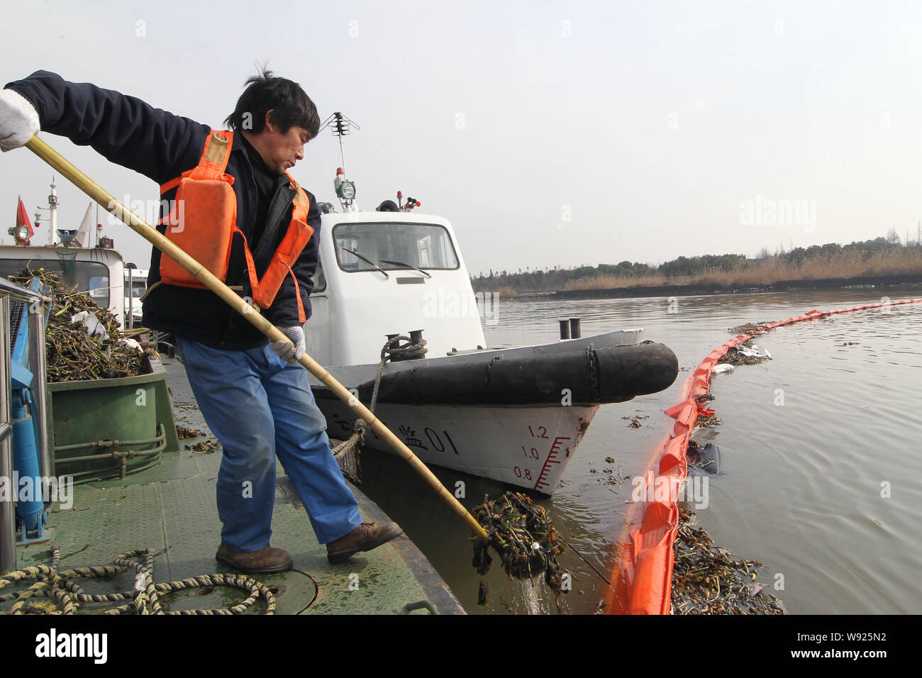 Ein chinesischer Arbeiter löscht Schadstoffe durch Ölsperren gestoppt auf die chemisch-kontaminierten Shenping Fluss in Jinshan District, Shanghai, China, 11. Januar 2. Stockfoto Ein chinesischer Arbeiter löscht Schadstoffe durch Ölsperren gestoppt auf die chemisch-kontaminierten Shenping Fluss in Jinshan District, Shanghai, China, 11. Januar 2. Stockfoto