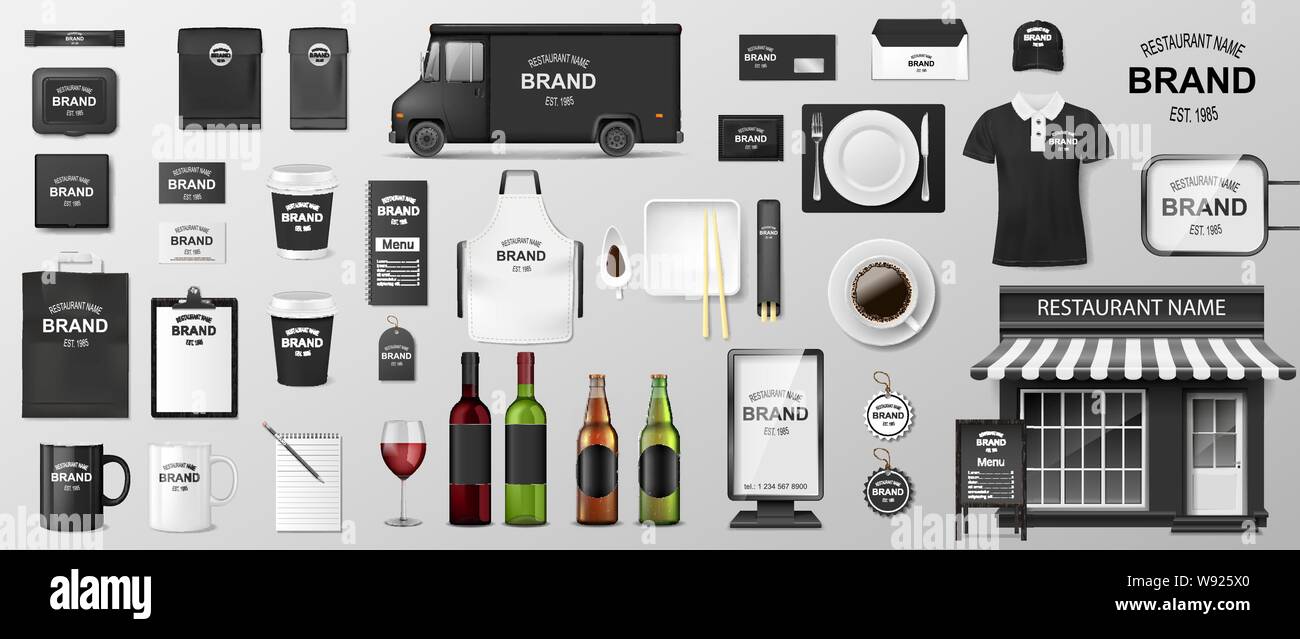 Restaurant Corporate Branding Identität Vorlage. Realistische MockUp Design für Kaffee, Cafe, Fast Food, einheitliche, Lieferwagen, Umschlag, Schale Stock Vektor