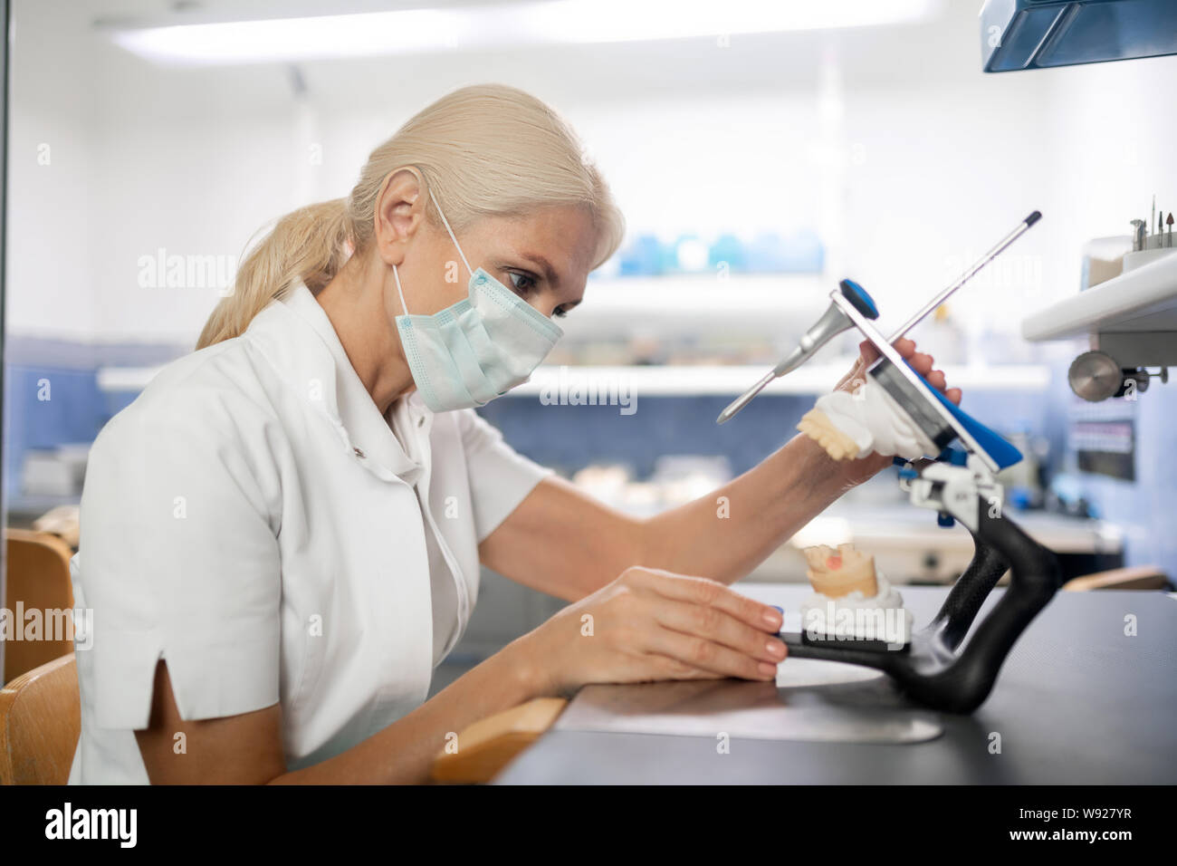 Zahnarzt eng an Cast Model des Patienten Zähne suchen. Stockfoto