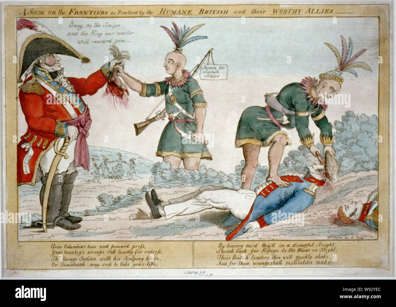 Eine Szene auf der Binnengrenzen durch die humane Briten und ihrer würdig verbündeten Abstract: Charles verurteilt britischen und indischen Verwüstungen an der amerikanischen Grenze während des Krieges von 1812 praktiziert, in Anspielung auf die Praxis bieten Prämien für Amerikanische Kopfhaut. Die Karikatur kann vom August 1812 Massaker in Chicago und den Kauf von amerikanischen Kopfhaut es von britischen Oberst Proctor aufgefordert wurden. Auf der linken Seite ein britischer Offizier erhält eine blutige Kopfhaut aus Indischer, der hat einen Geldbeutel mit Belohnung für 16 Kopfhaut hängen von seinem musketen. Der indischen Messer und Tomahawk b Stockfoto