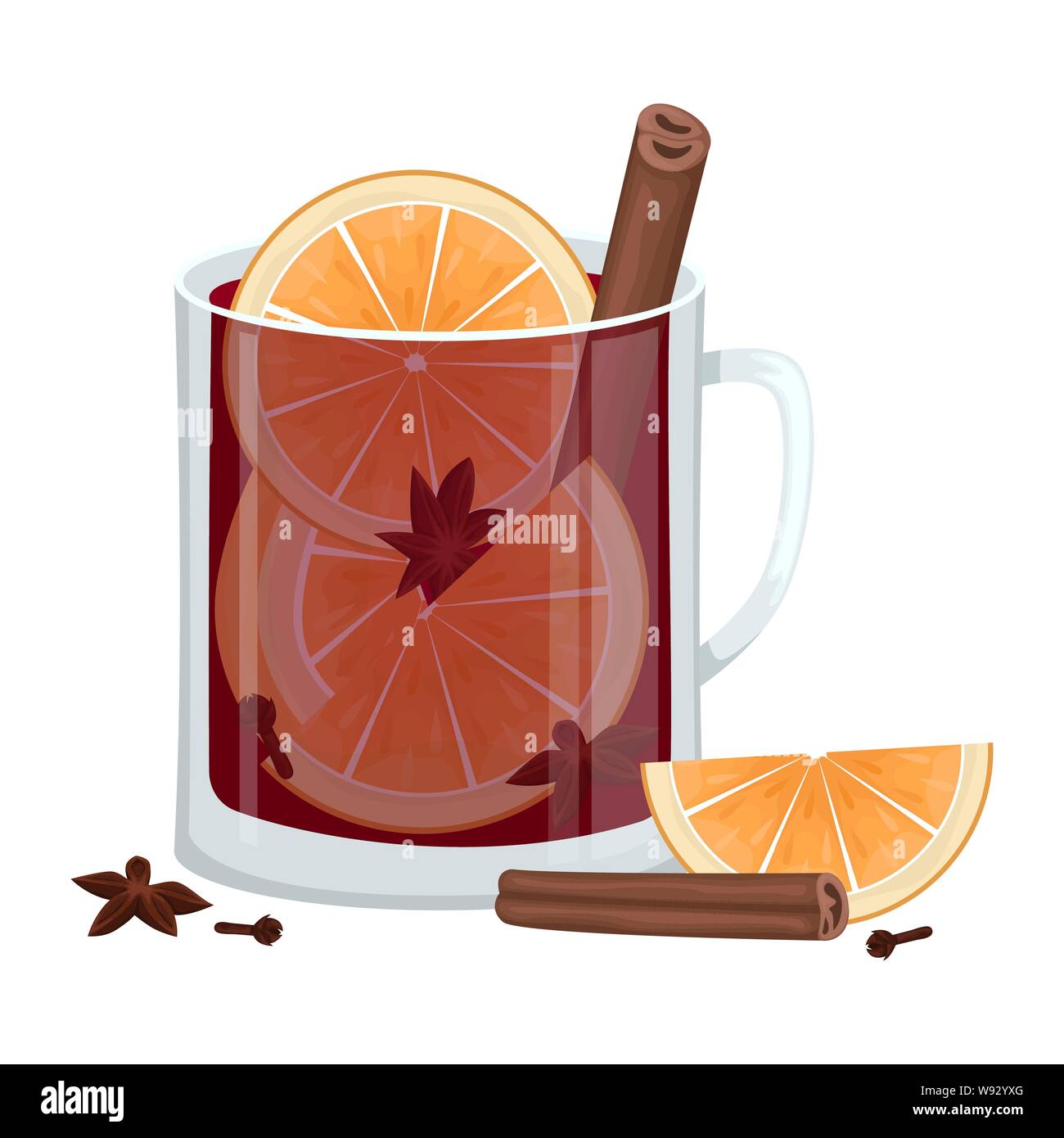 Rote Glühwein in eine Schale mit Orangenscheiben, Zimt, Nelken und ein Whirlpool. Winter alkoholische Getränk. Vector Illustration. Stock Vektor