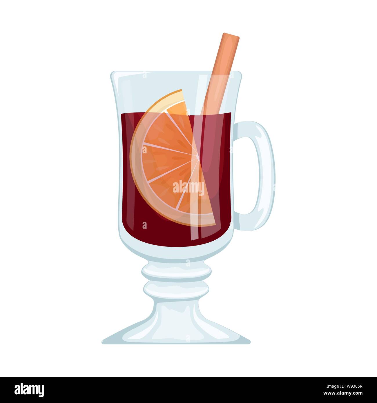 Rote Glühwein in eine Schale mit Orangenscheiben und Gewürzen. Winter alkoholische Getränk. Vector Illustration. Stock Vektor