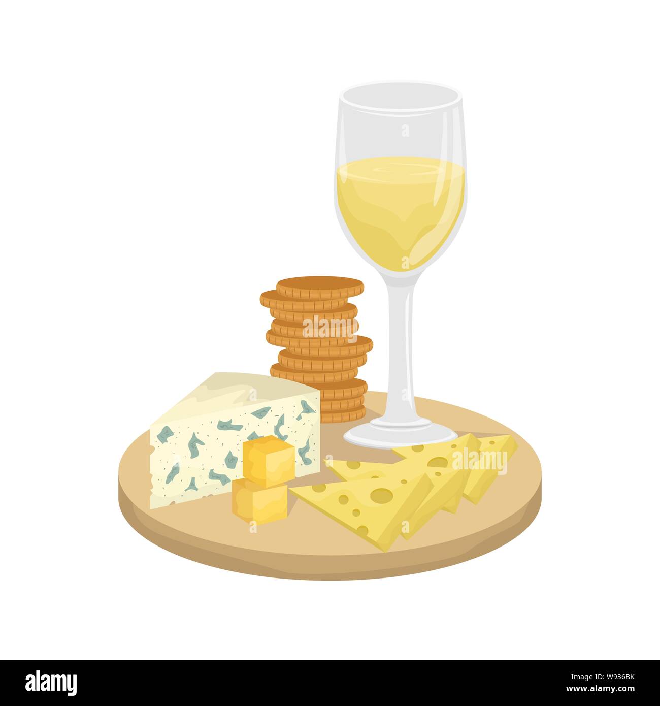 Ein Glas Weisswein, Käseplatte auf einem Holzbrett mit Crackern. Maasdam, Gouda, Roquefort. Vector Illustration. Stock Vektor