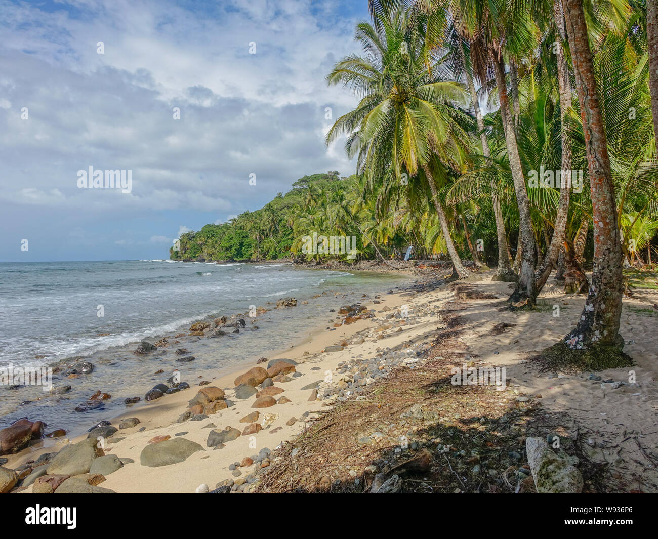 Insel Bastimentos, Bocas del Toro, Panama - 18. März 2017: einsamer Strand mit Felsen am Ufer und Palmen unter einem bewölkten Himmel Stockfoto