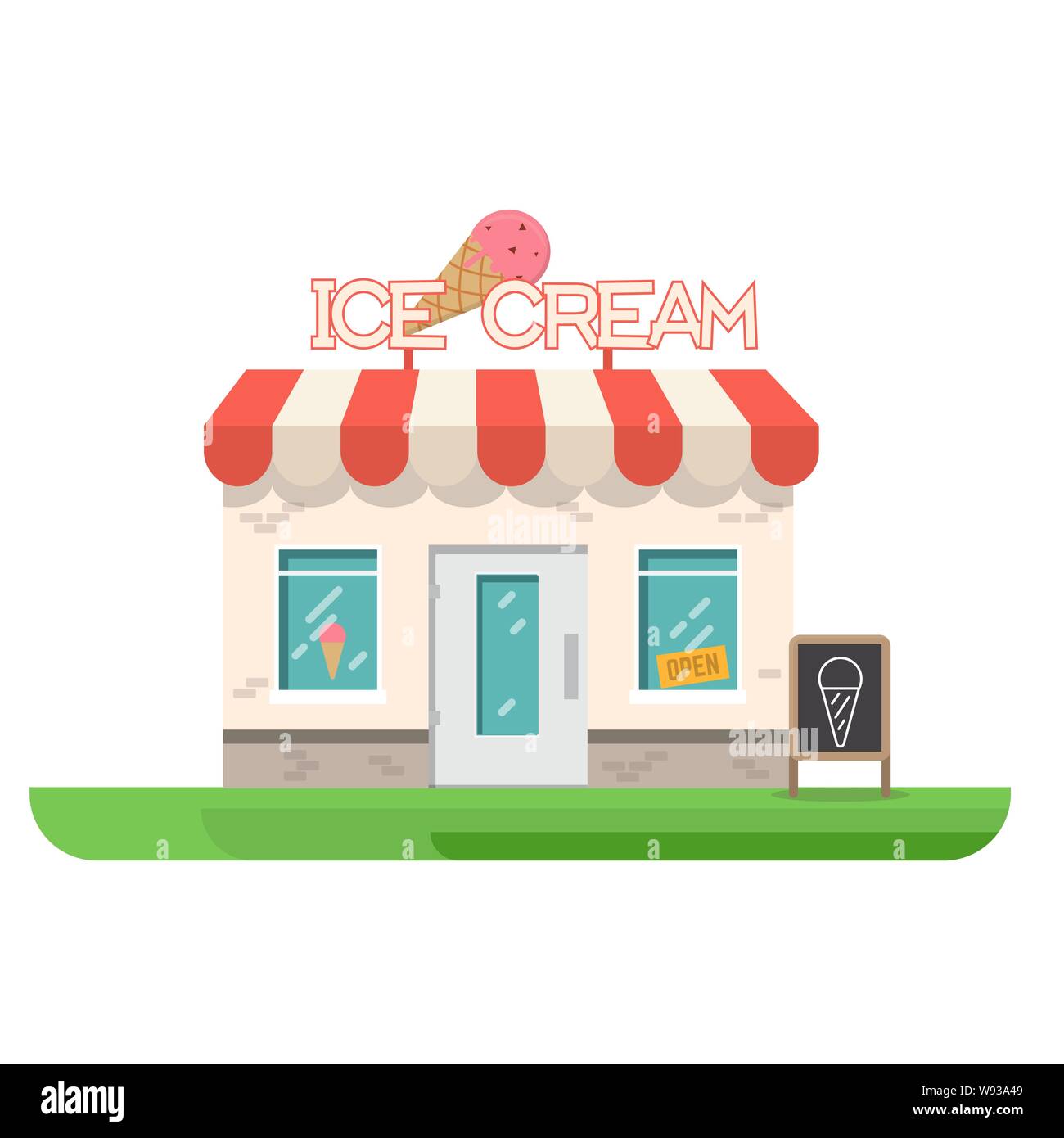 Ice Cream Shop Gebäude. Store Gebäude in der Nähe von Park und die Stadt. Restaurant mit Eis. Flache Vector Illustration. Trendy retro farbe Stil. Stock Vektor