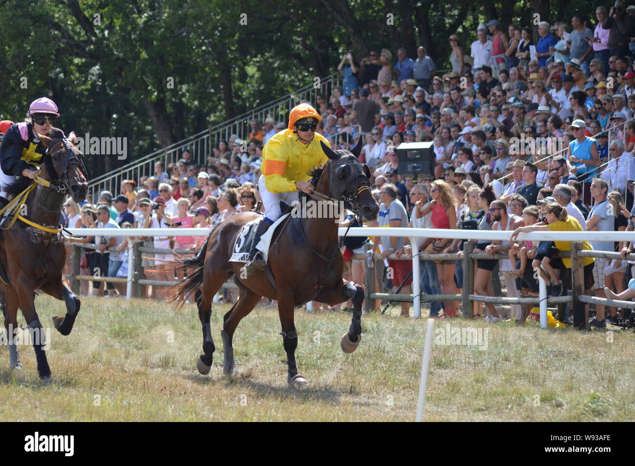 August. 11. 2019 Hippodrom ein Sault (im Süden von Frankreich, das einzige Pferderennen im Jahr). Stockfoto
