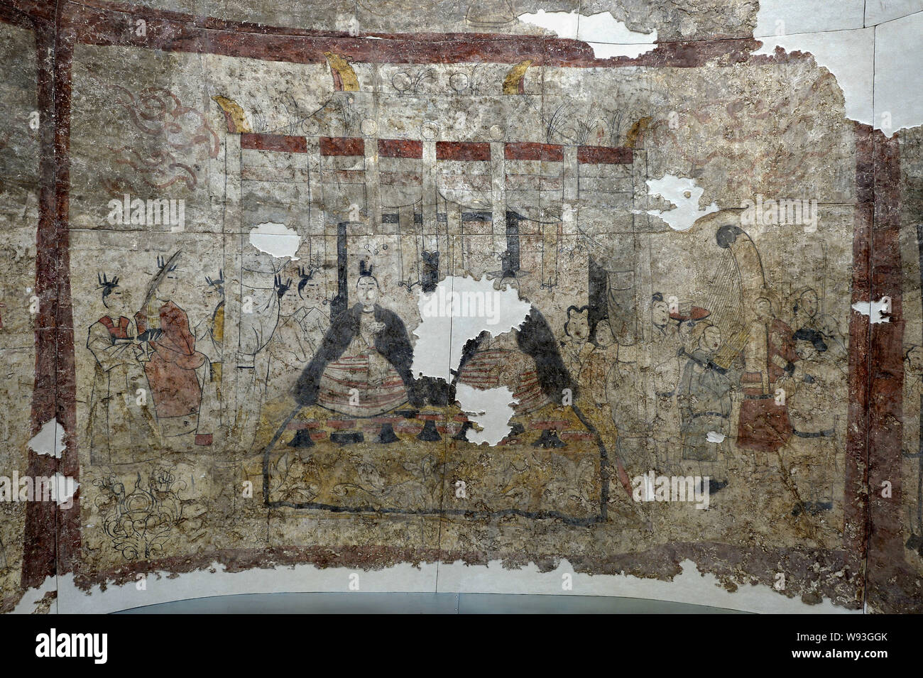 Details zu ein Fresko in der Kammer von einem wandbild Grab des nördlichen Qi Dynastie (550-577 AD), der in Shuozhou Stadt ausgegraben wurde gesehen, in der Basis Stockfoto