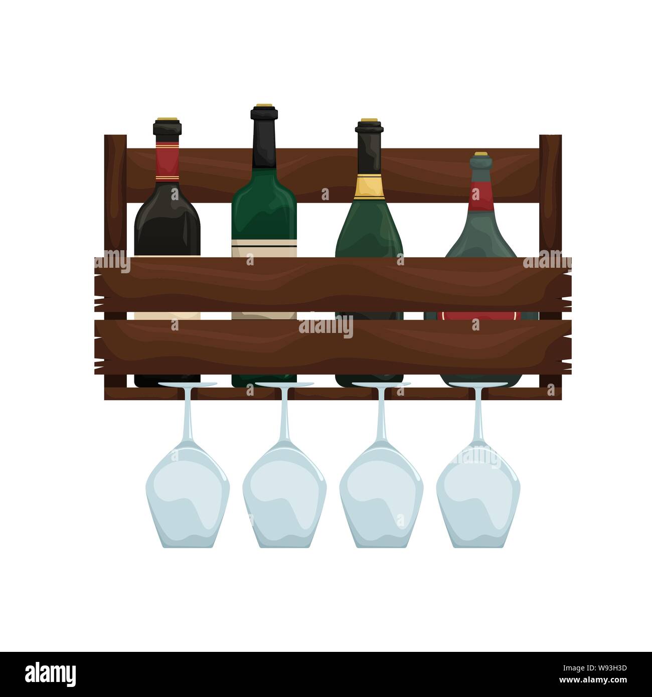 Holz- Wein Regal mit Glas Inhaber. Weinkeller. Flache Vector Illustration. Stock Vektor