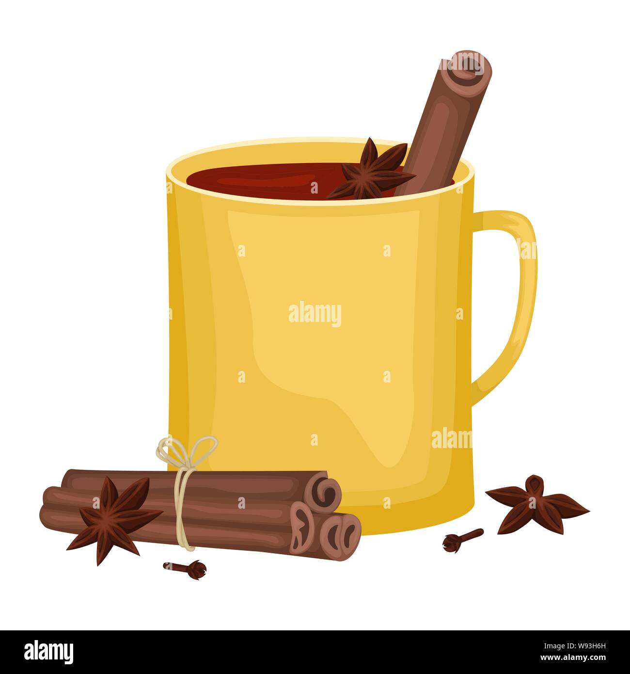 Rote Glühwein in eine gelbe Tasse mit Zimtstangen, Nelken und ein Whirlpool. Winter alkoholische Getränk. Vector Illustration. Stock Vektor