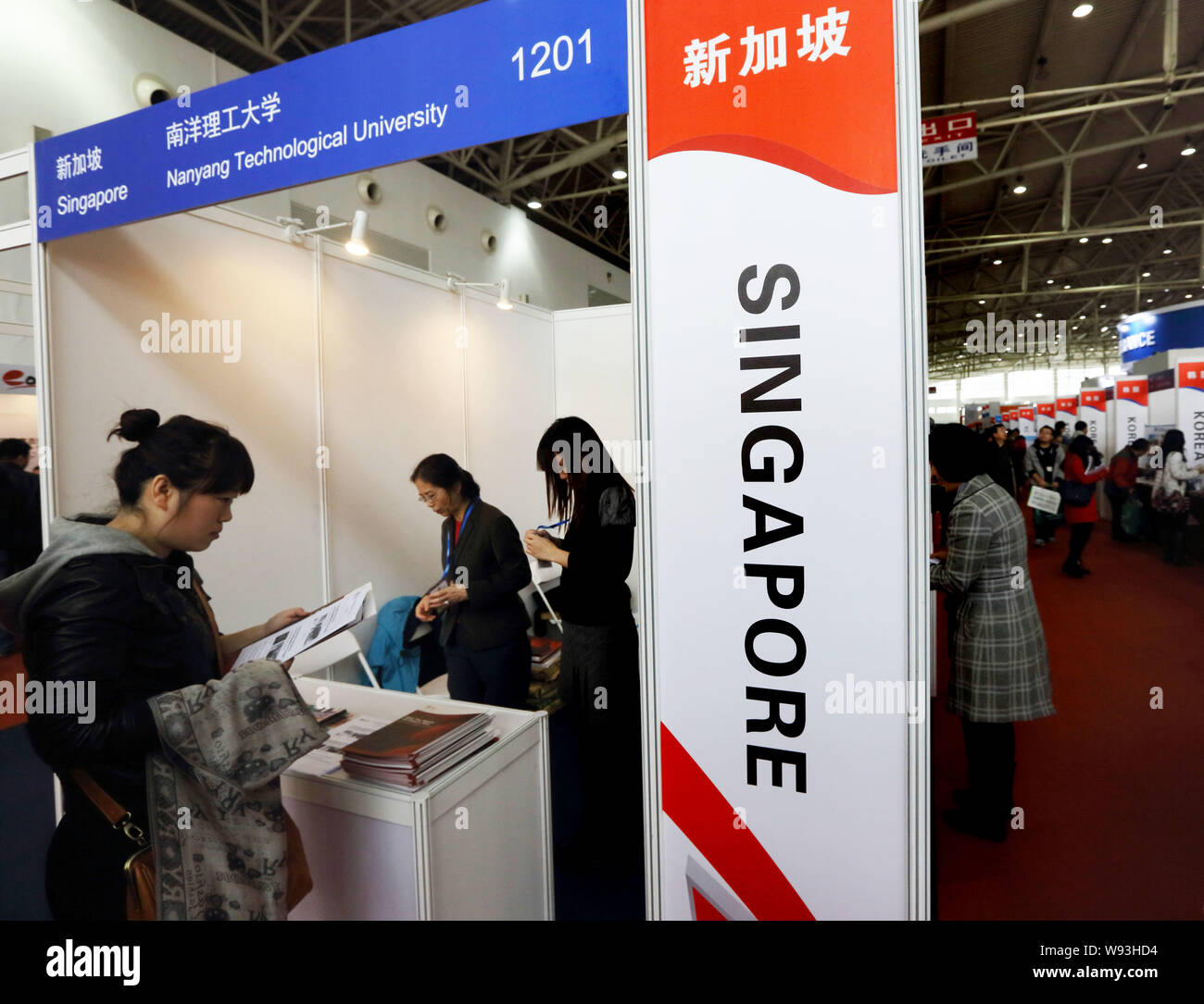 Ein Besucher, Links, heißt es in einer Broschüre der Nanyang Technological University in Singapur während des 18. China International Education Ausstellung Tour 2013 Stockfoto