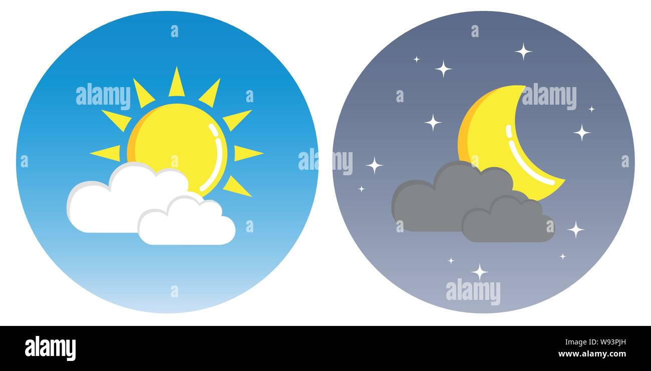 Sonne und Mond mit Wolken im Kreis Tag und Nacht konzept Vektor-illustration EPS 10. Stock Vektor