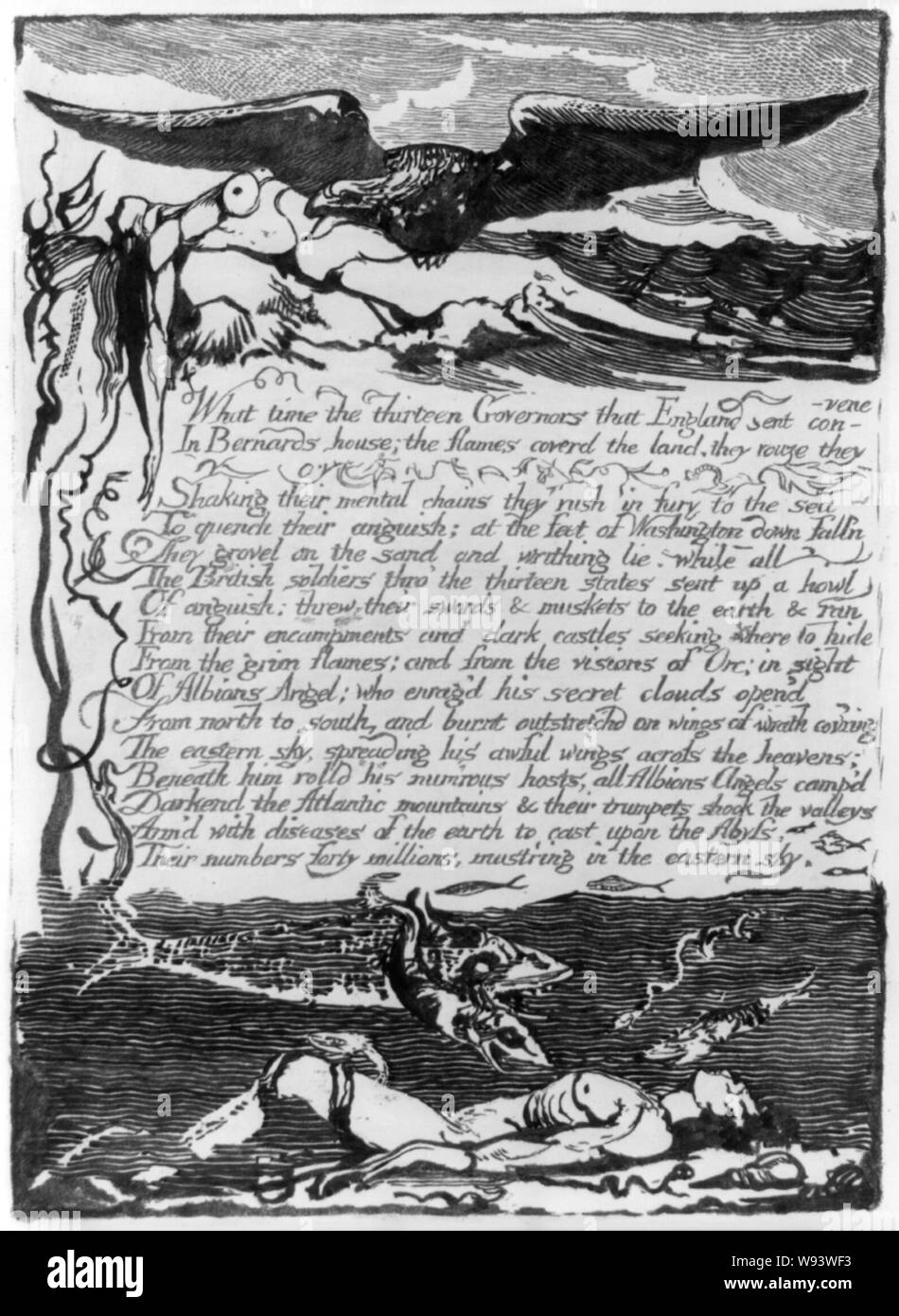 Oben, einen Adler Beute auf den Körper einer Frau werfen, der am Ufer des Meeres. Unten, unter den Wellen ist ein ertrunken Mann auf die Fische füttern. Zwischen Text: Was Zeit die 13 Gouverneure Stockfoto