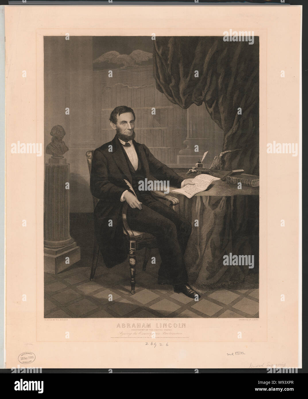 Abraham Lincoln, Präsident der Vereinigten Staaten unterzeichnen die Emanzipations-proklamation/bemalt von W.E. Sieger eingraviert durch J. Serz. Stockfoto Abraham Lincoln, Präsident der Vereinigten Staaten unterzeichnen die Emanzipations-proklamation/bemalt von W.E. Sieger eingraviert durch J. Serz. Stockfoto