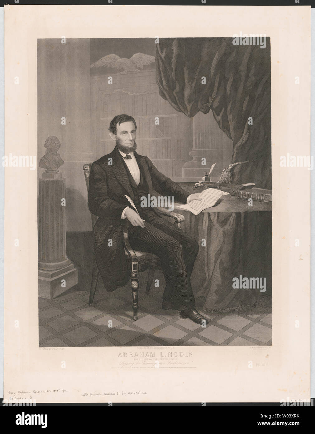 Abraham Lincoln, Präsident der Vereinigten Staaten unterzeichnen die Emanzipations-proklamation/bemalt von W.E. Sieger eingraviert durch J. Serz. Stockfoto