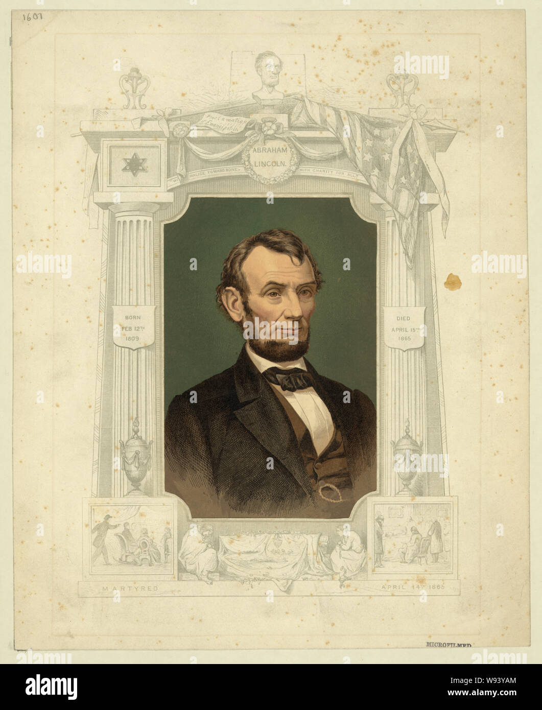 Abraham Lincoln, am 13.02.12. Geboren 1809, gestorben 15 April 1865, Gemartert 14. April 1865 Abstract: Gedenkstätte Drucken zeigt ein Portrait von Lincoln, mit Bart, unter einer architektonischen Rahmen in Graustufen gedruckt. Stockfoto