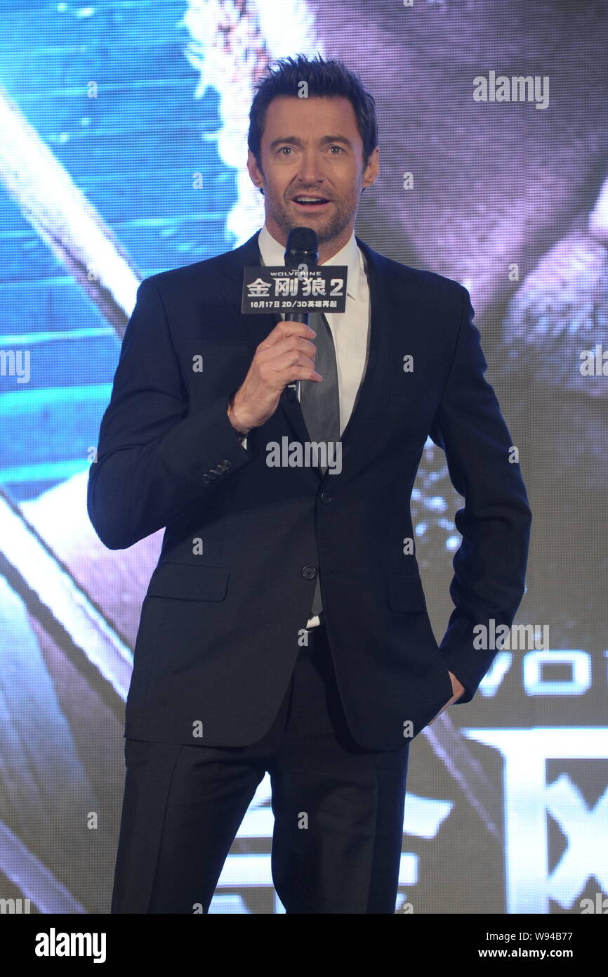 Australischen Schauspieler Hugh Jackman spricht während einer Premiere für seinen neuen Film, die Wolverine, in Peking, China, 15. Oktober 2013. Stockfoto