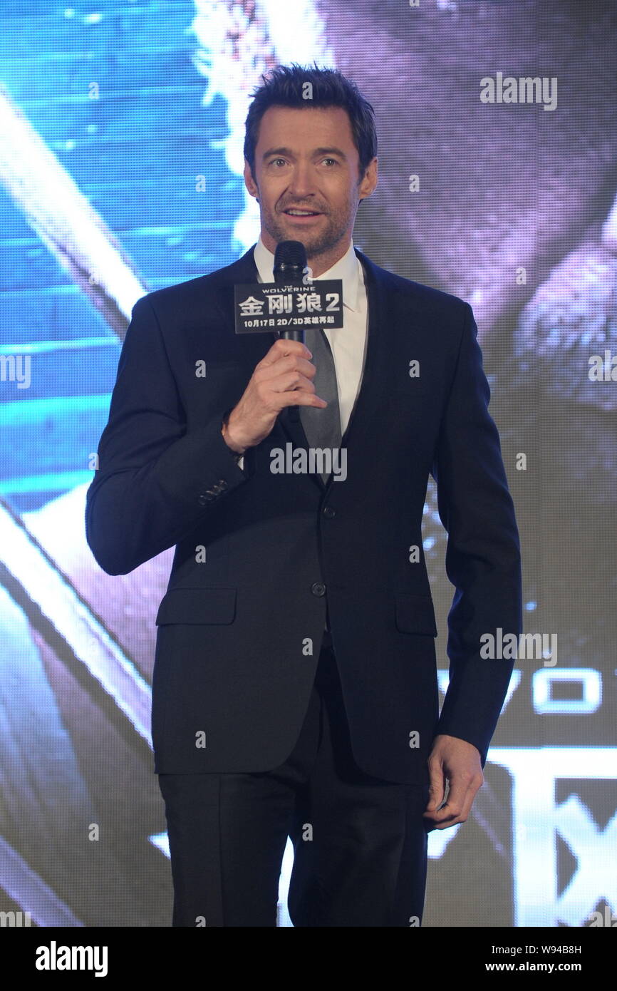 Australischen Schauspieler Hugh Jackman spricht während einer Premiere für seinen neuen Film, die Wolverine, in Peking, China, 15. Oktober 2013. Stockfoto