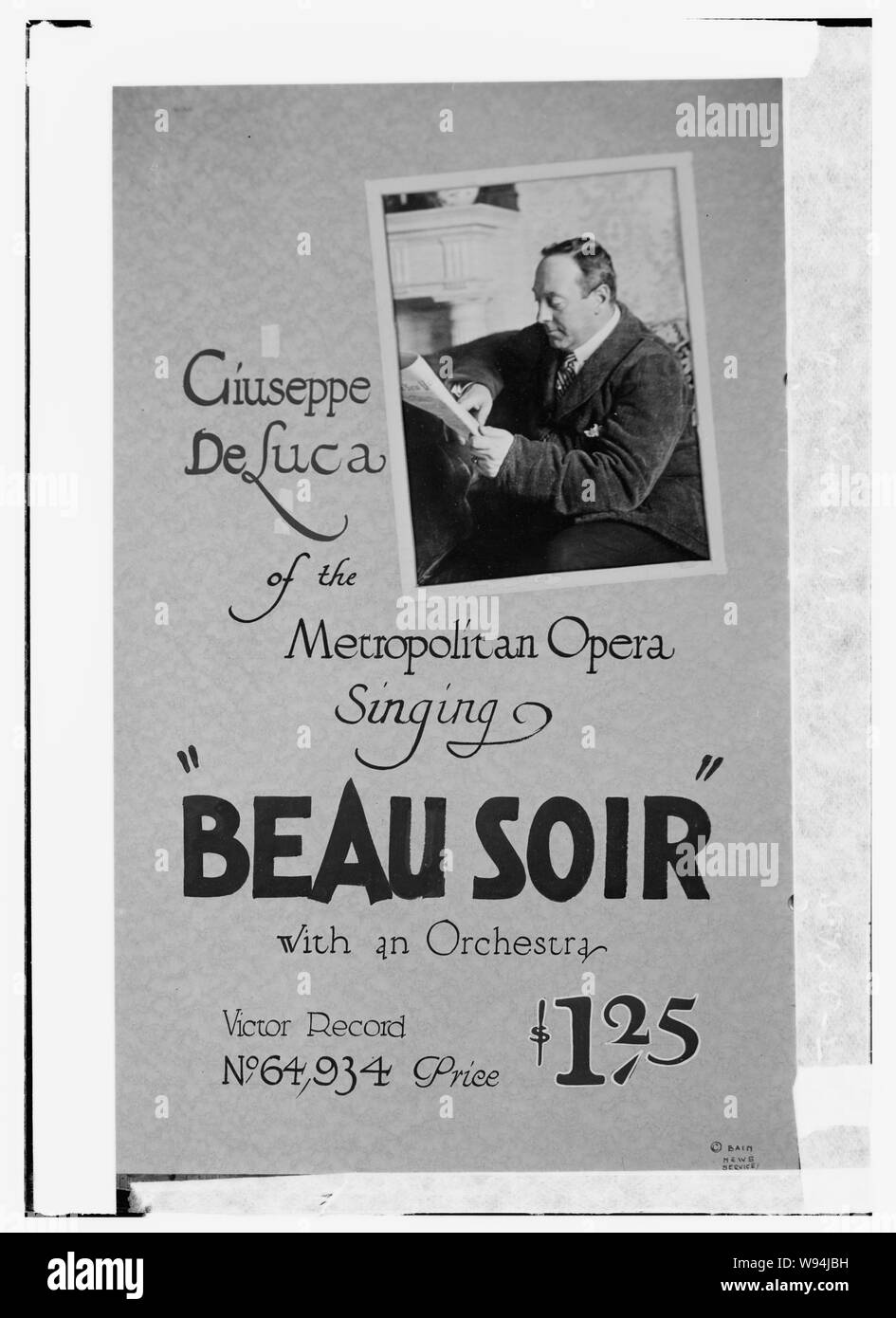Werbung für Victor Datensatz Giuseppe De Luca von der Metropolitan Opera singen Beau Soir mit einem Orchester Stockfoto
