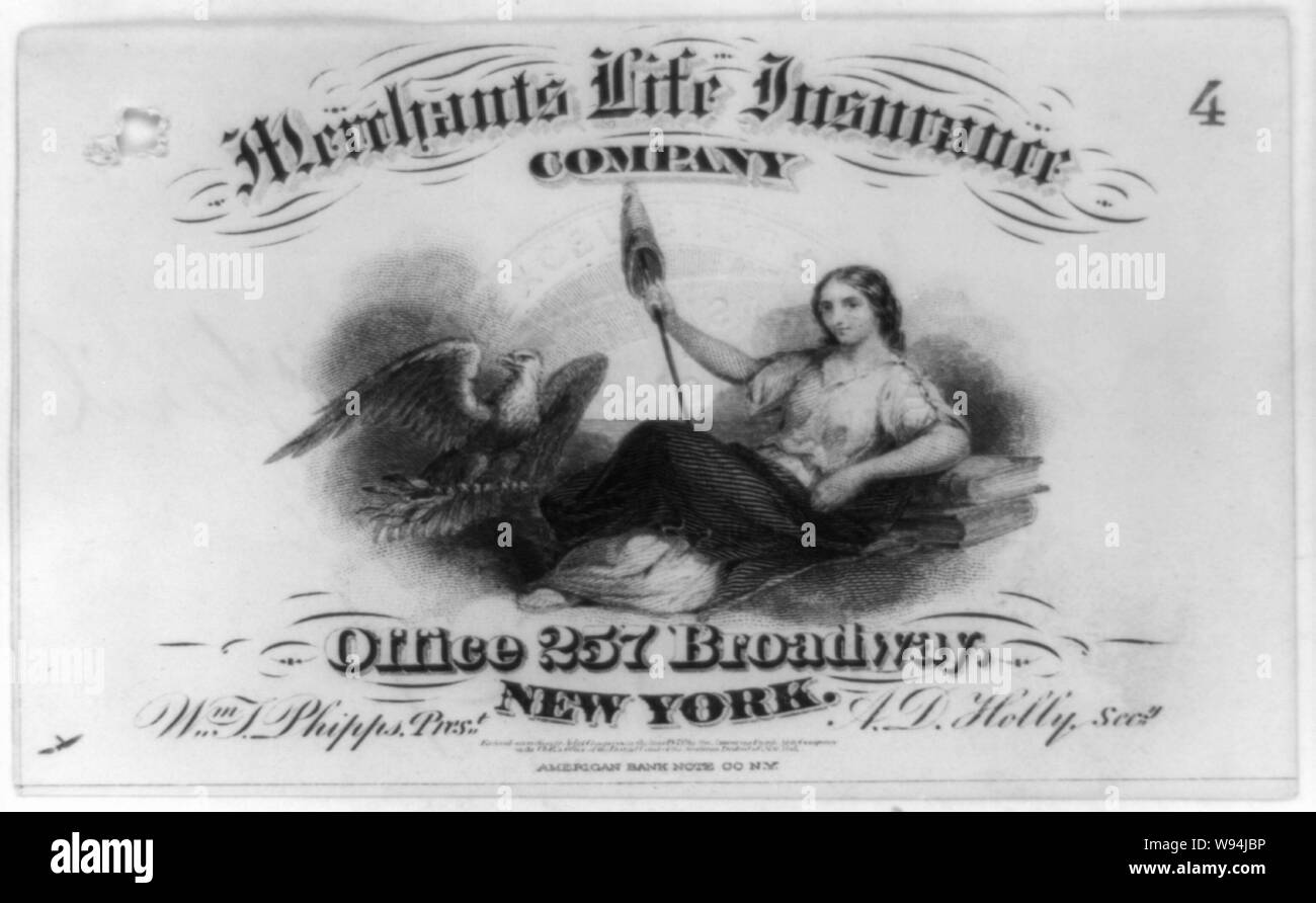Werbung für die Kaufleute Life Insurance Co. von New York City, möglicherweise als Eingang/American Bank Note Co., New York verwendet werden Stockfoto