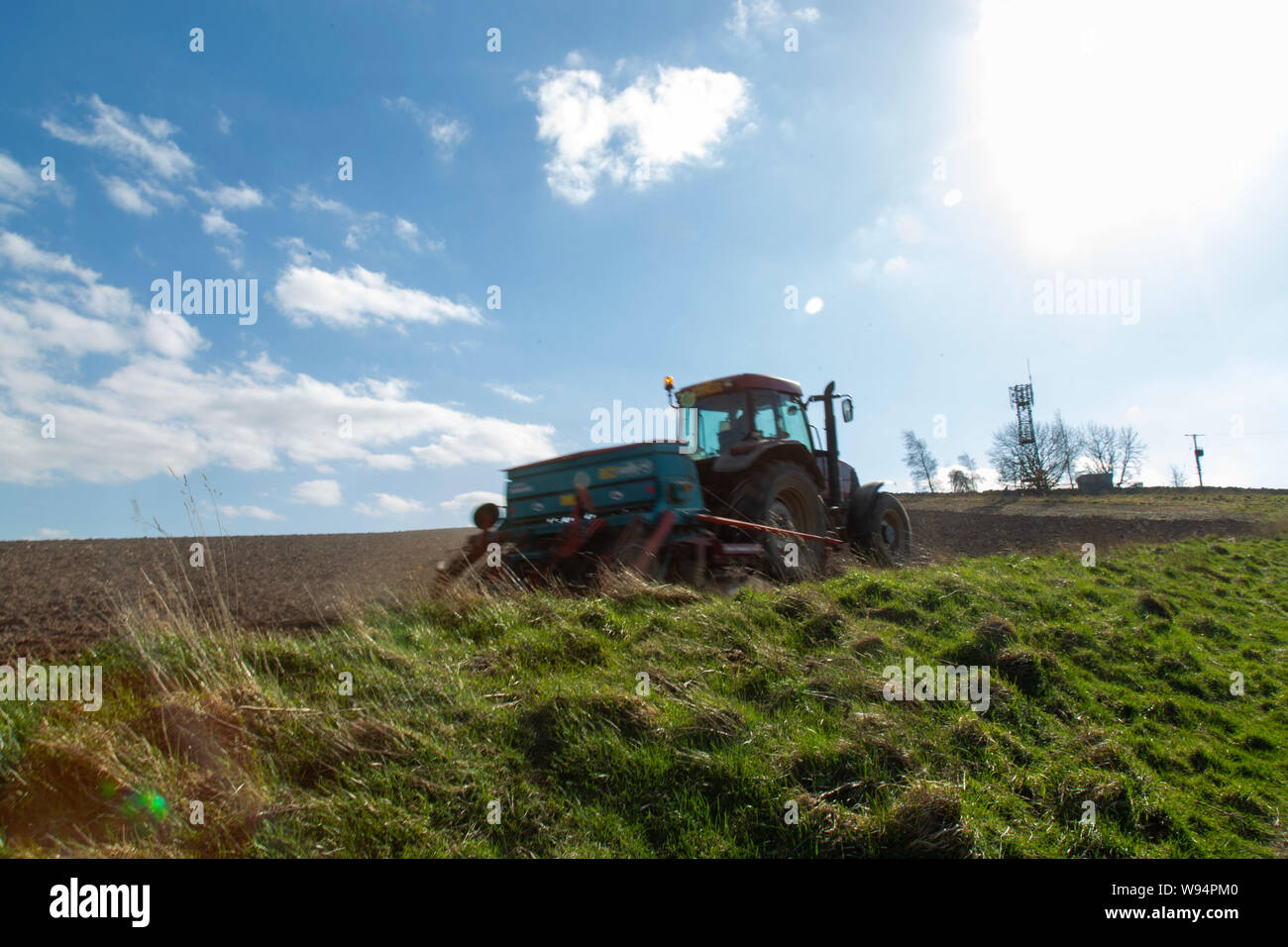 Rote Traktor auf einem Feld in England Nord im Frühling. Lauder, Schottland Stockfoto