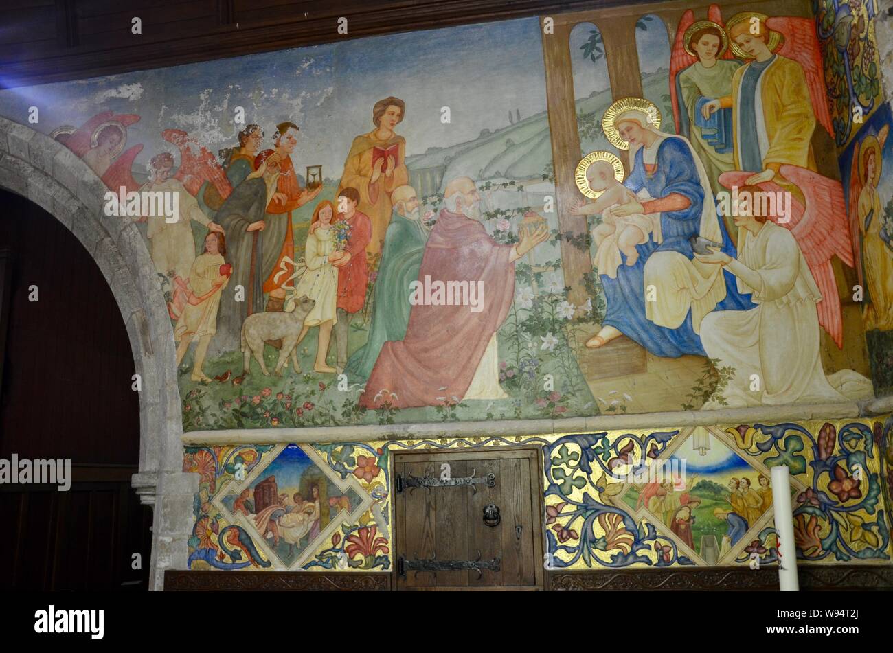 St. Peter's Kirche, Clayworth, Nottinghamshire, England. Die Heimat der Traquir Wandmalereien von der schottischen Künstlerin Phoebe Anna Traquair in 1904/5. Stockfoto