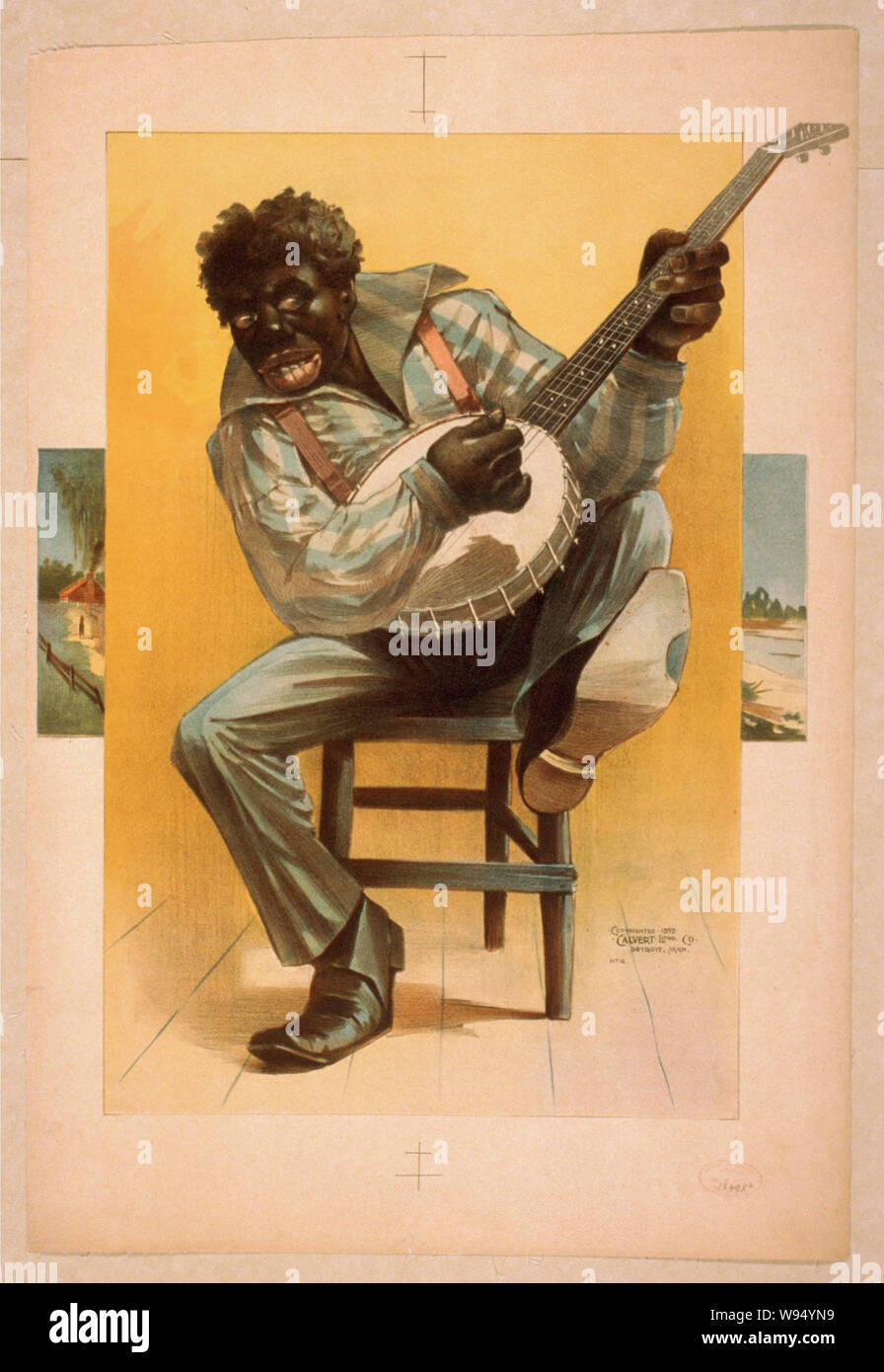 African American, Sitzen, Spielen Banjo Stockfoto