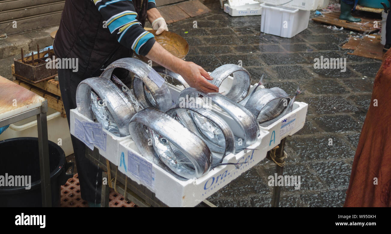 Lange frische Fische zum Verkauf in der Straße Fischmarkt von Catania, Sizilien Stockfoto