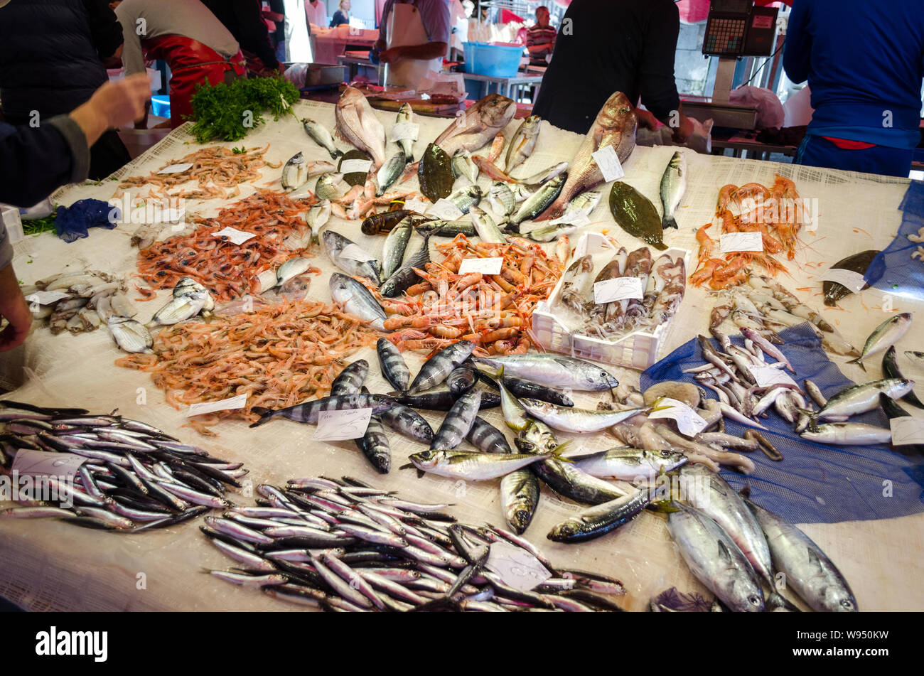Mit verschiedenen Arten von frischen Meeresfrüchten, Fisch, Garnelen, Muscheln in Catania Fischmarkt, Italien Stockfoto