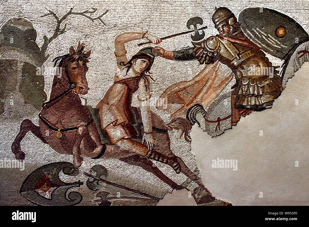 Detail der Mosaik emblema mit Amazonomachy Szene, Daphne, einem Vorort von Antiochien am Orontes, zweite Hälfte des 4. Jahrhunderts Daphne, Vorort von Antiochien-auf-l'Hershel (heute Antakya), Türkei 3,84 m. ; L. 1,54 m. Stockfoto