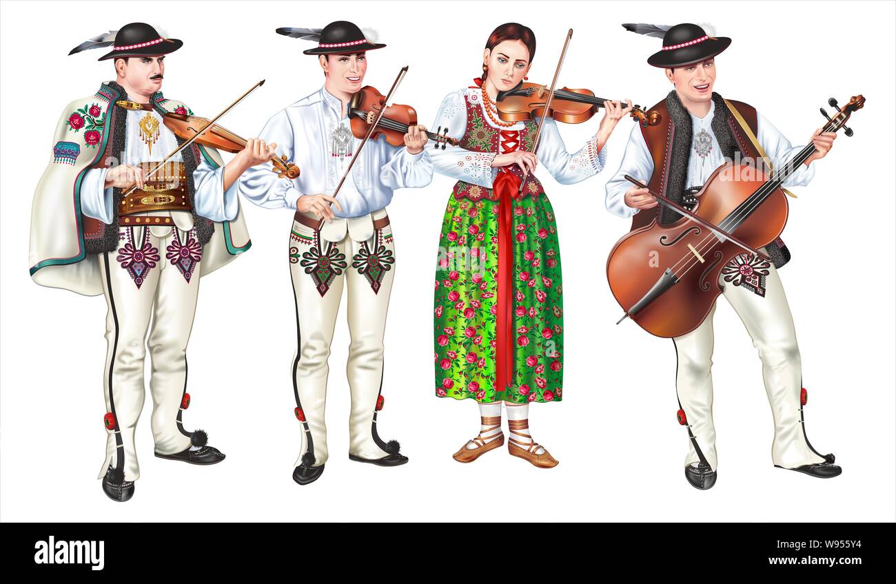 Traditionelle Zakopane Folk Band mit vier in Podhale Kostüme Geigen spielen. Polen Kleinpolen Highlanders ausführliche Darstellung isoliert auf Weiss. Stockfoto