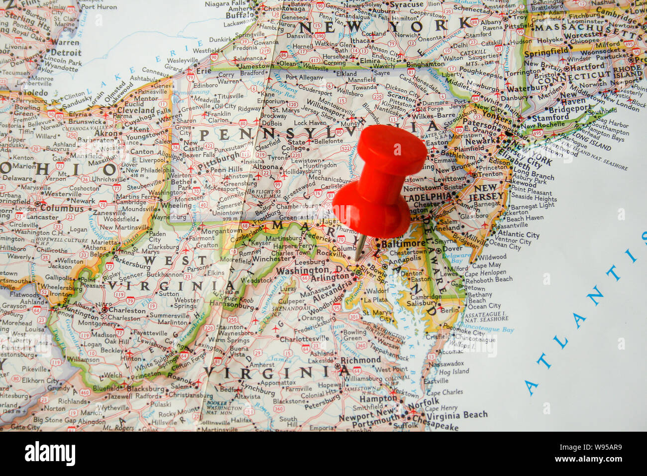 Karte von Washington, DC, mit roten Push Pin Stockfoto