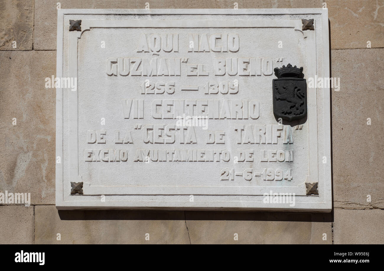 Guzmán el Xeno, 13. Spanischer Adliger und Held der Wiedereroberung. Gedenktafel in seiner Heimatstadt Leon, Spanien Stockfoto
