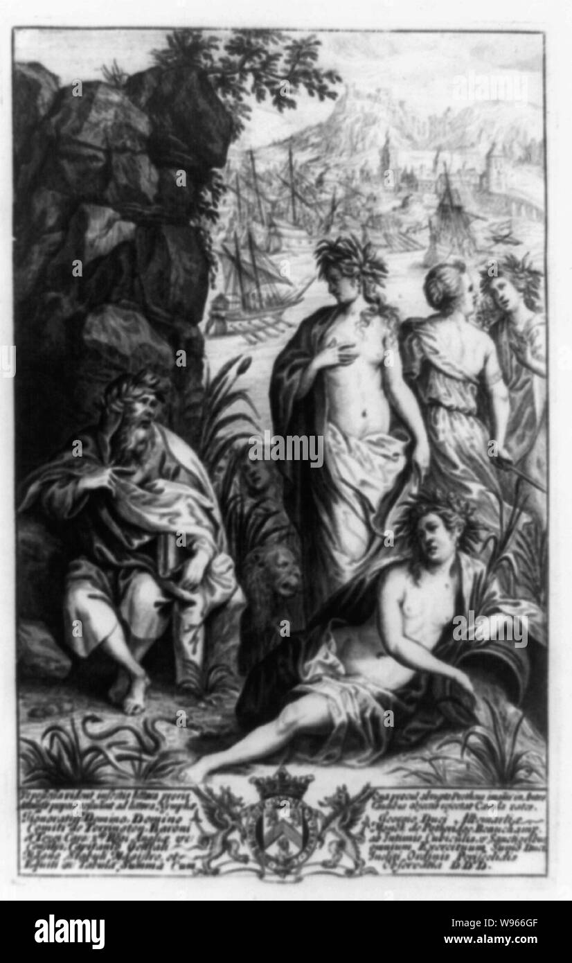 Allegorische Szenen während des Zweiten Punischen Krieges, römische Galeeren im Hintergrund mit alten Menschen und Frauen in den Vordergrund Stockfoto