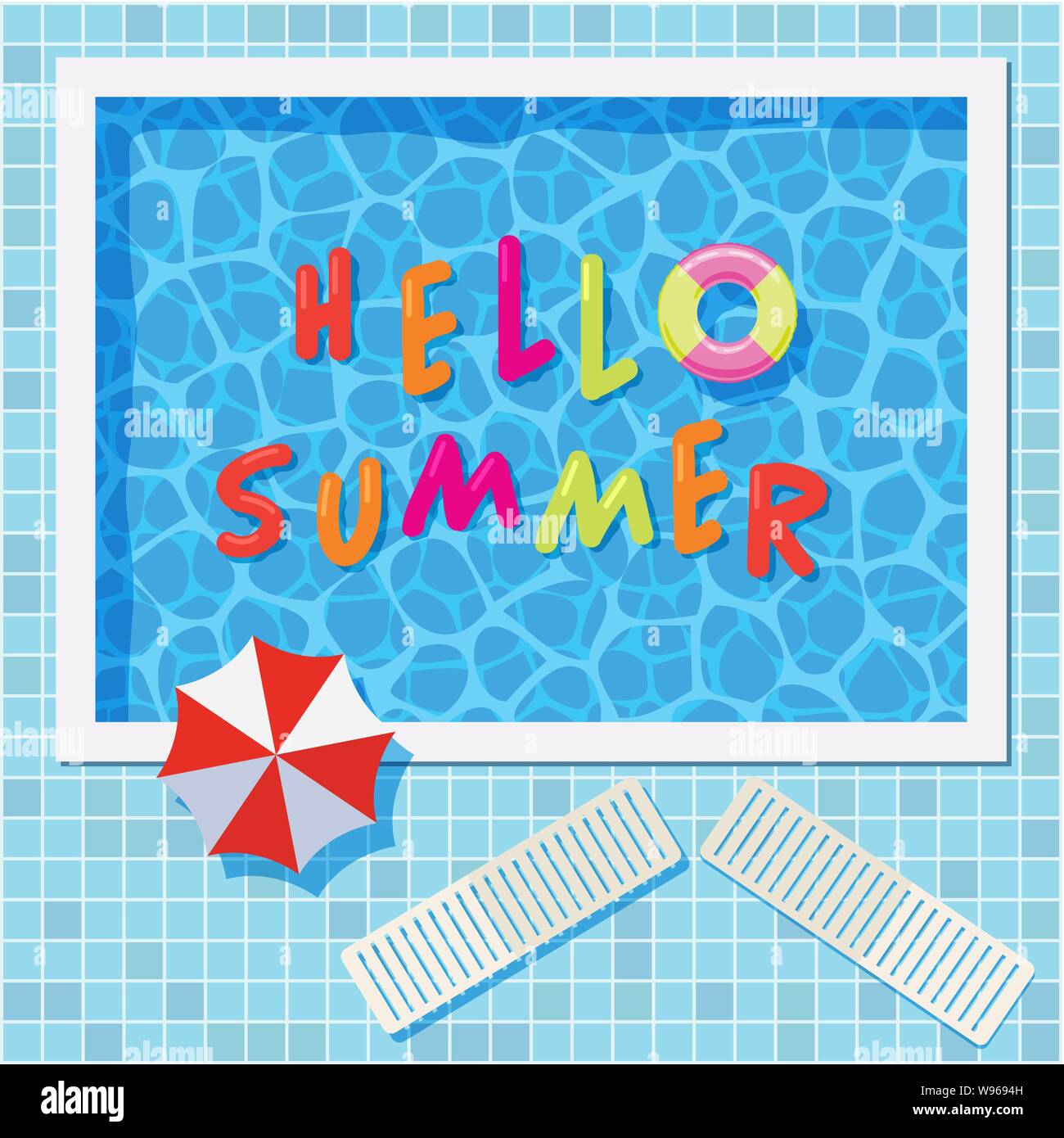 Vektor bunten Sommer Hintergrund mit Swimmingpool, Sonnenschirm und Luft Ring. Sommerurlaub Partei Abbildung. Hallo Sommer text auf welligen Wasser im Pool Stock Vektor