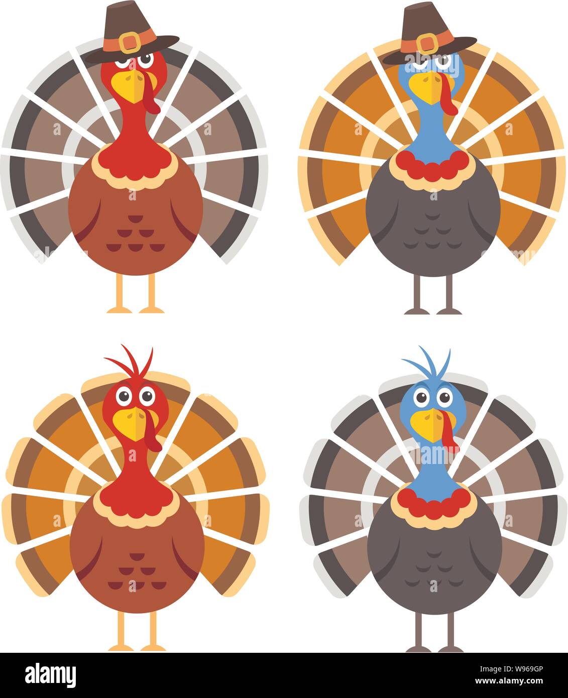 Vektor einrichten von Cartoon Türkei Vögel für thanksgiving Tag Illustrationen. bunte Symbole von Thanksgiving Truthahn, flacher Stil Stock Vektor