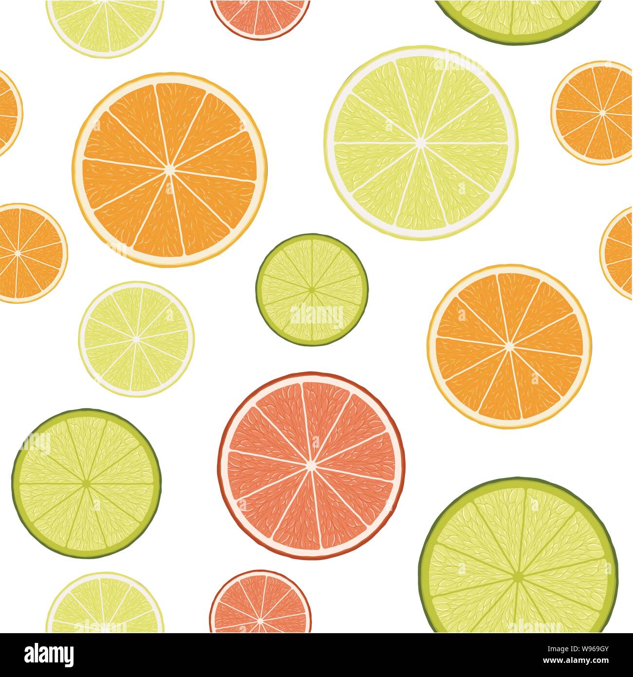 Vektor Citrus nahtlose Hintergrund der Zitronen- oder Orangenscheiben. Juicy Fruit nahtlose Muster. geschnitten Citrus Symbole auf weißem Hintergrund Stock Vektor