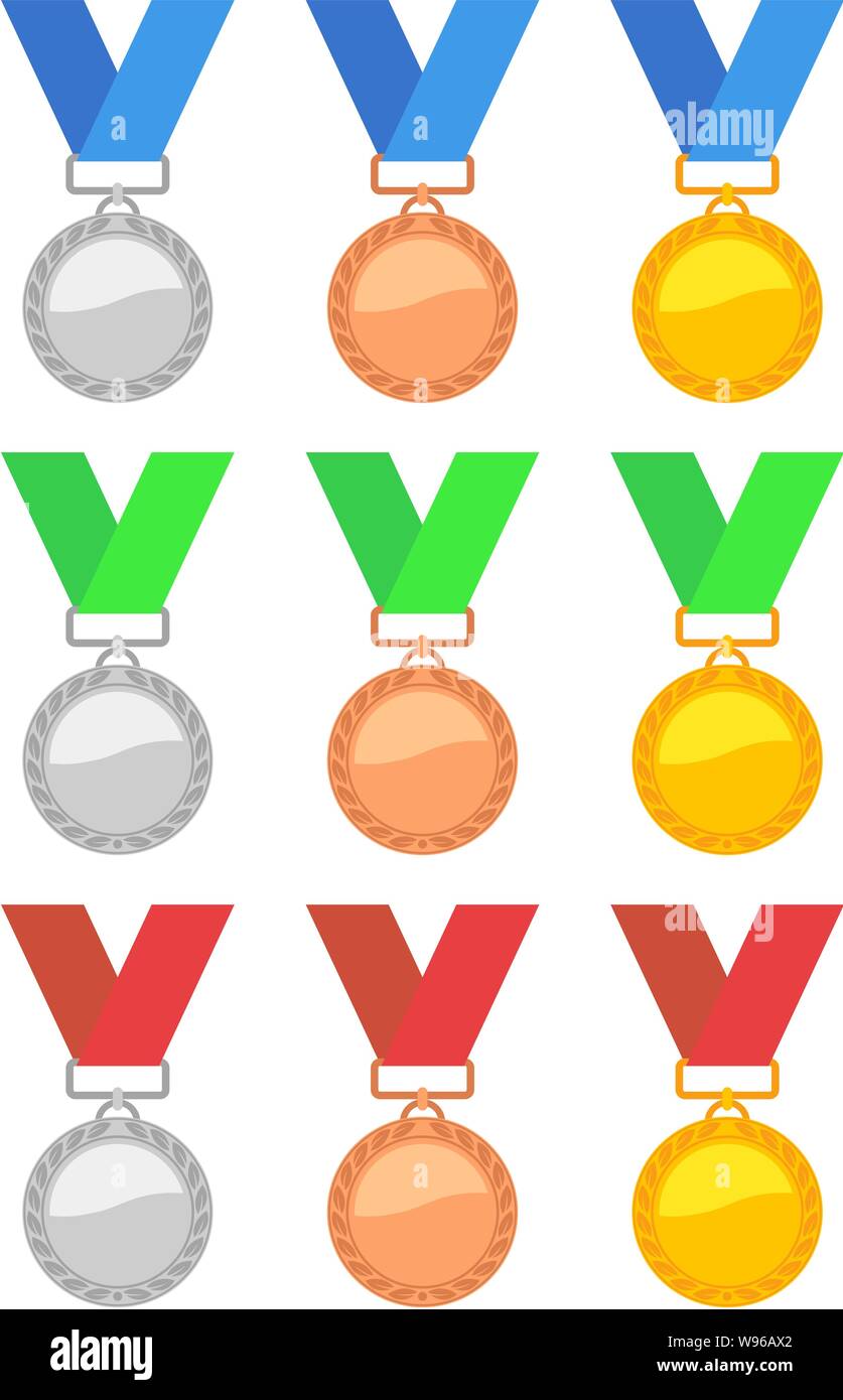 Vektor einrichten von Gold-, Silber- und Bronzemedaillen mit blauen, grünen und roten Bändern. Champion Award medal Symbole. sport Sieger Symbole auf Rückseite weiß, isoliert Stock Vektor
