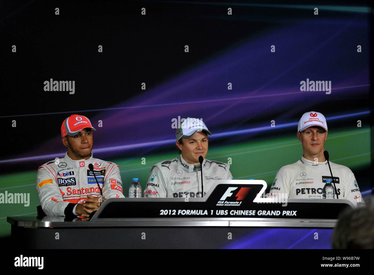 (Von links) F1-Pilot Lewis Hamilton der McLaren Team, Deutschen F1-Fahrer Nico Rosberg im Mercedes Team und Deutschen F1-Fahrer Michael Schu Stockfoto